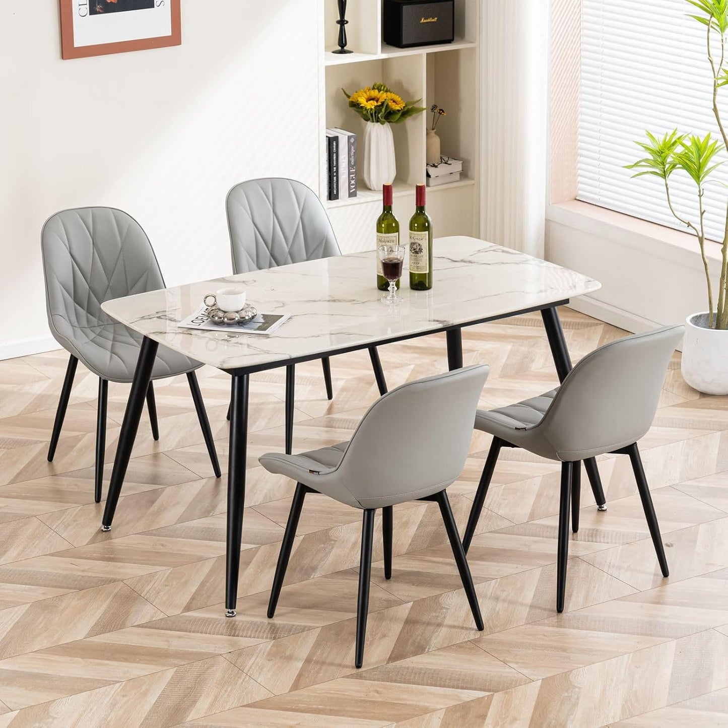 Rowill Dining Chairs Set of 2 - Modern Kitchen Chairs with Soft Backrest, Sturdy Metal Legs & Non-Slip Pads, Suitable for Home Kitchen, Faux Leather Upholstered Seats for Dining Room, Grey