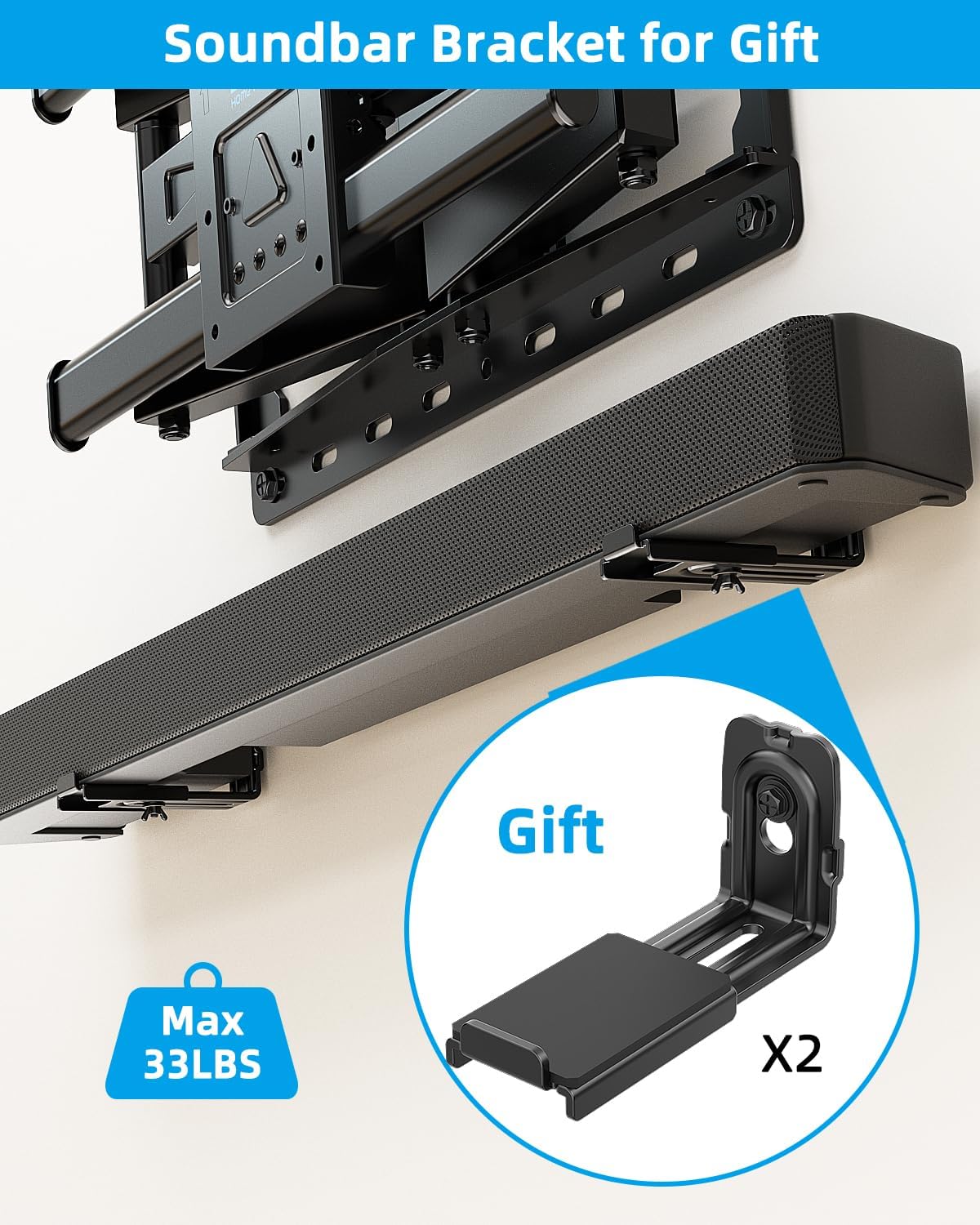 HOME VISION TV Wall Mount for 32-70 Inch TV with Soundbar Bracket, Full Motion TV Bracket with Articulating Dual Arms, Swivel and Tilt, Fits 8" 12" 16" Stud, Max VESA 400X400mm, Up to 132lbs