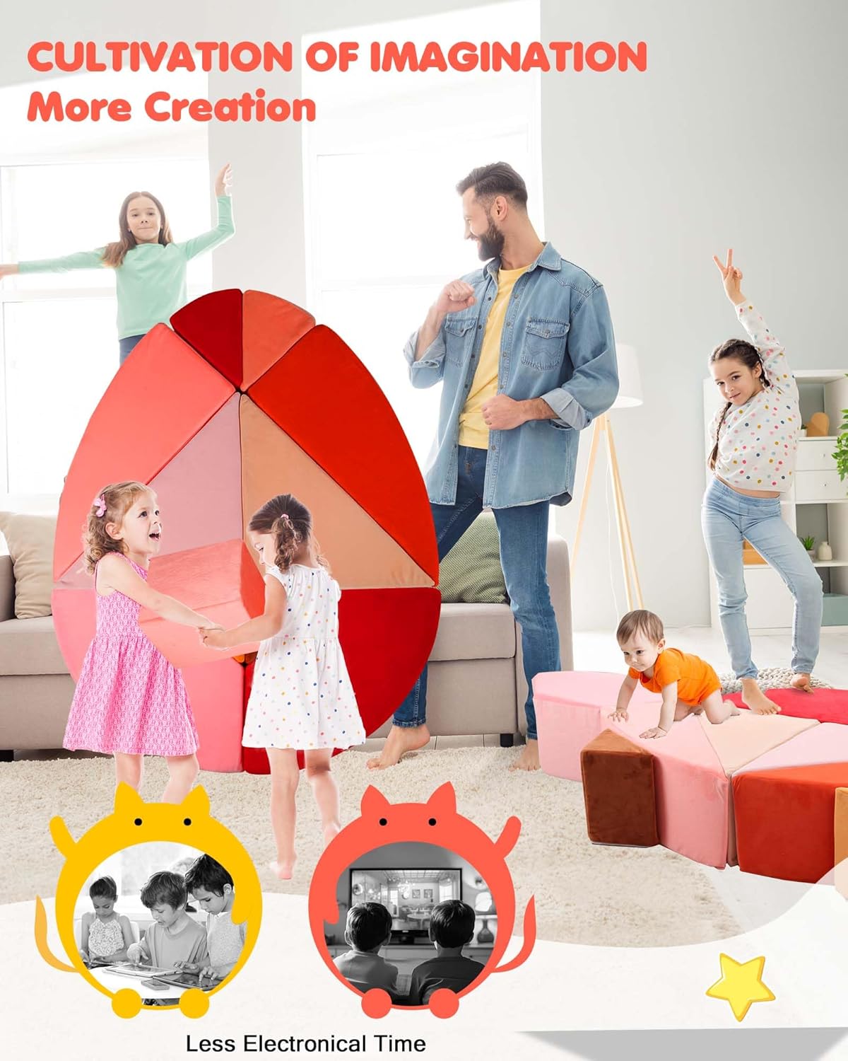 Kids Play Couch, 2-in-1 Egg-Shape Kid Plays Sofa with Unique Ball Pit(no Balls Included), Tangram Puzzle Play Couch for Playroom, Modular Play Couchs for Inspiring Creativity, Glow