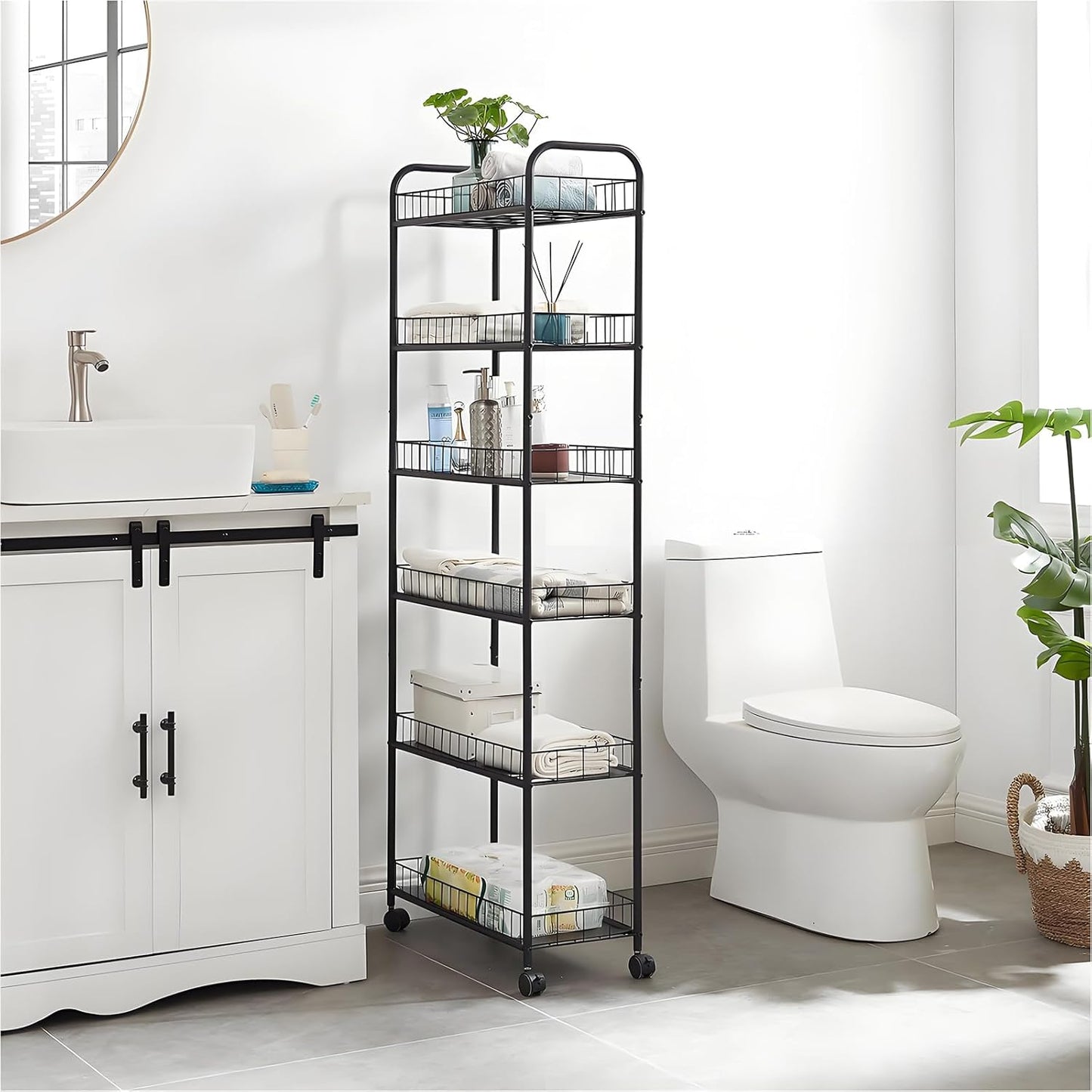 6-Tier Slim Storage Cart with Wheels,10in Wide Black Narrow Rolling Shelf,Sturdy Slim Storage Ideal for Kitchen, Bathroom, and Laundry Room