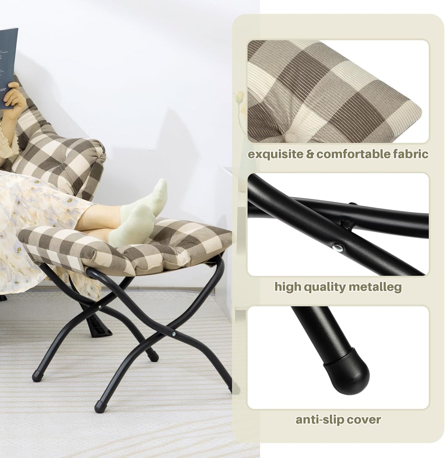 HollyHOME Fabric Lazy Chair with Foldable Ottoman, Accent Lounge Arm Chair and Folding Footrest Stool Set, Leisure Sofa Reading Chair and Footstool for Living Room, Bedroom, Dorm, Beige&Coffee Grid