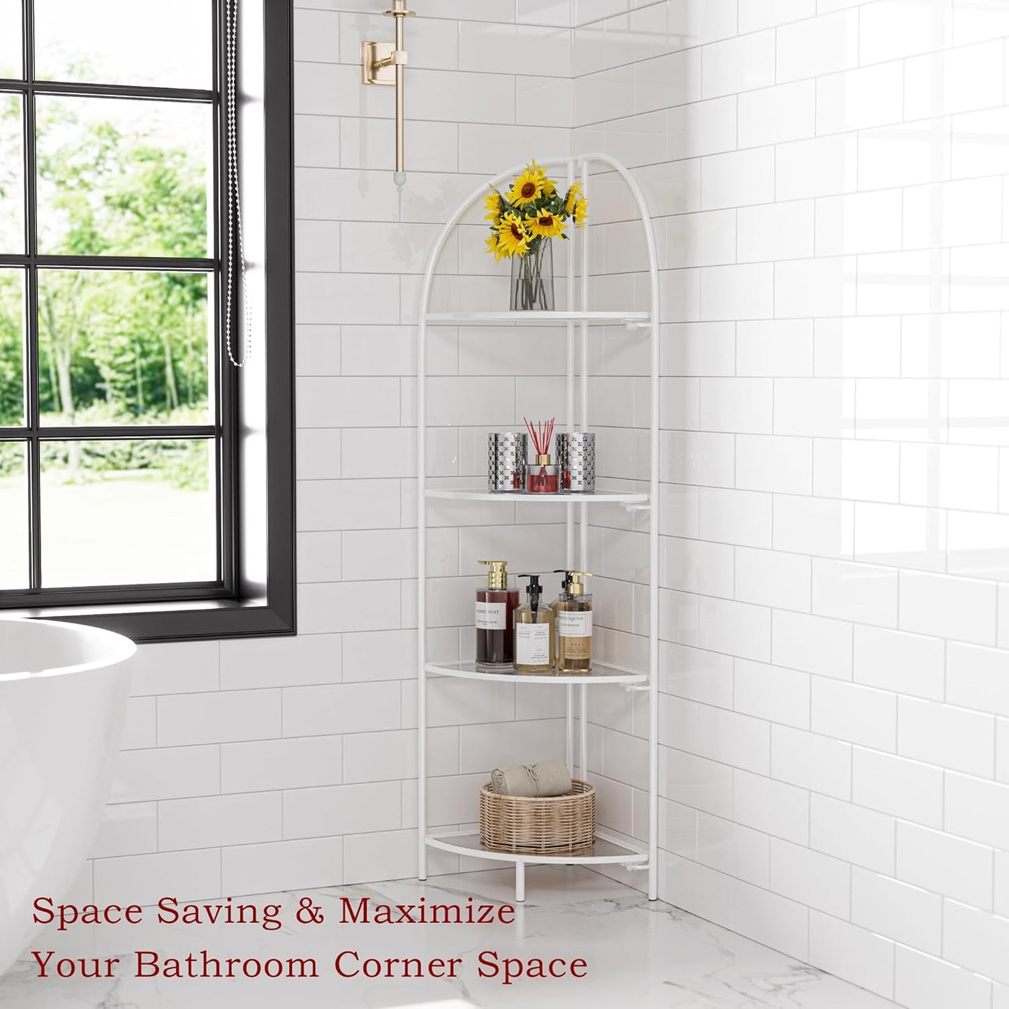 Crofy Foldable 4 Tier Corner Shelf, Metal Corner Plant Stand with White Frame and Transparent Shelves, Corner Display Rack Multipurpose Shelving Unit for Living Room, Bedroom, Bathroom