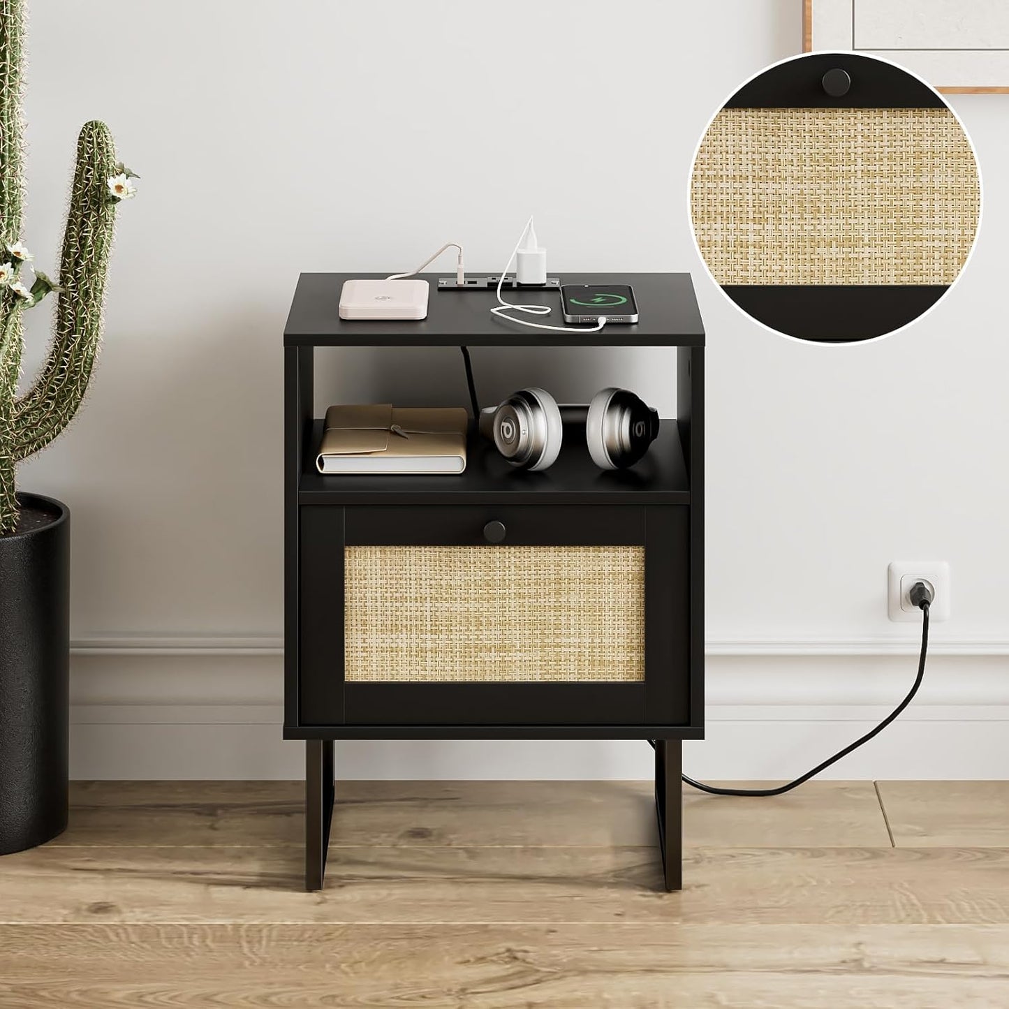 Masupu Extra Large Rattan Nightstand,Boho Night Stand Modern Farmhouse Wood Bedside Table with Storage Drawer and Open Shelf,Side End Table for Bedroom,Living Room,Black