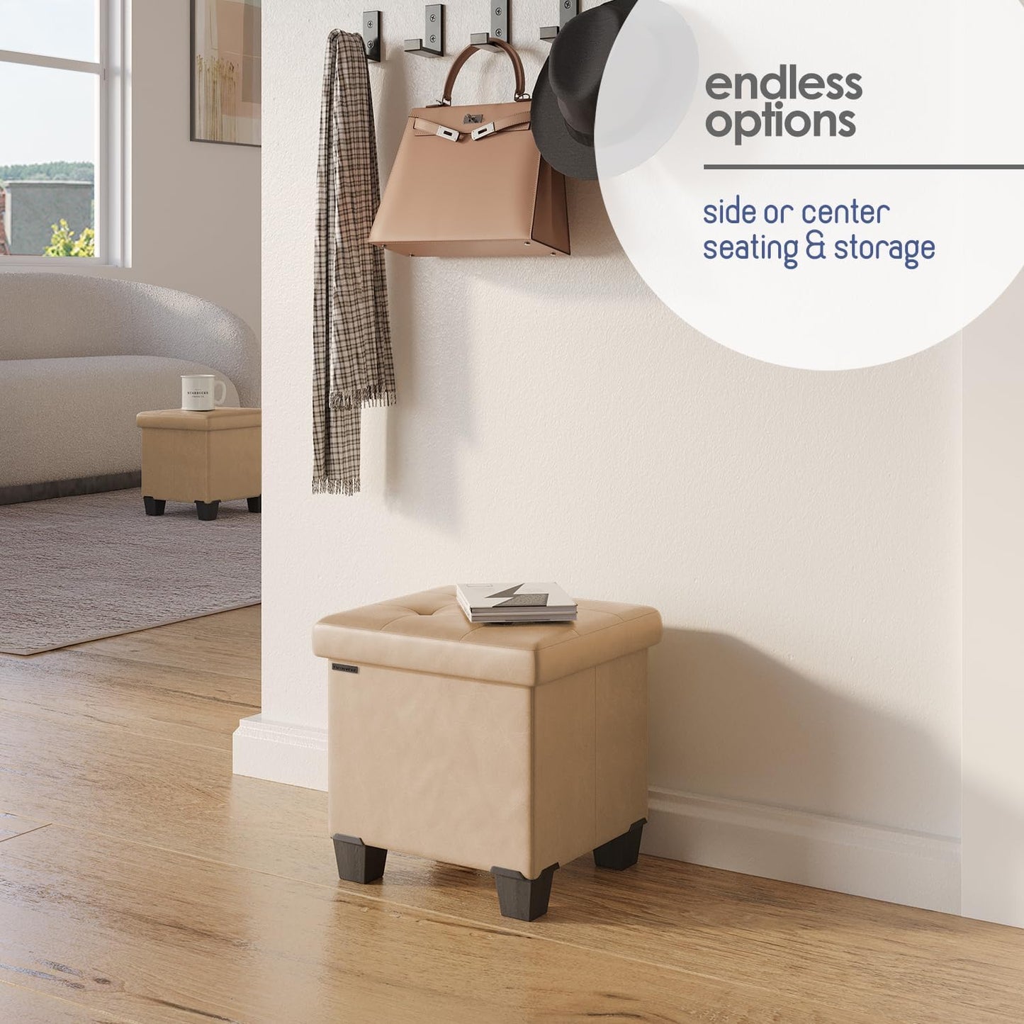 STORAGEBUD Storage Ottoman Cube with Small Bin, 16-in Square Ottoman with Storage for Living Room and Bedroom, Small Ottomans Foot Rest, Faux Leather Foot Stools Ottomans Max 330lbs, Taupe