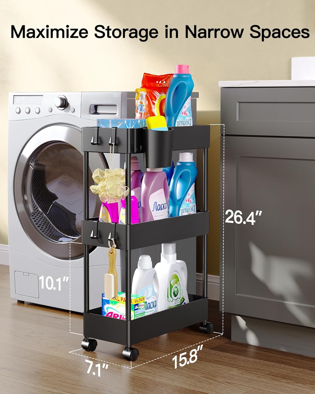 Pipishell Slim Storage Cart with Wheels - 3 Tier Bathroom Organizers and Storage Cart - Rolling Carts for Bathroom, Kitchen, Narrow Space, Laundry Room,Black