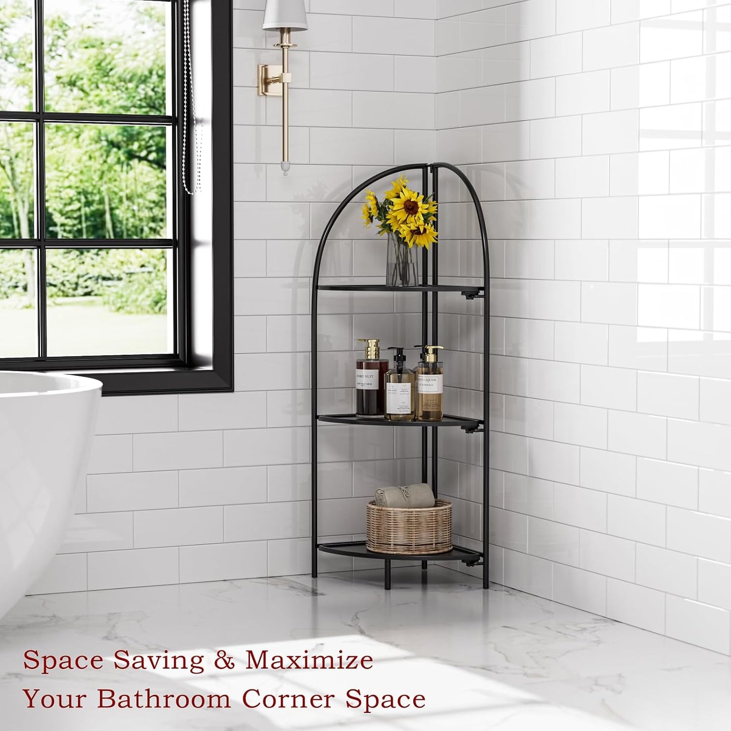 Crofy Foldable 3 Tier Corner Shelf, Metal Corner Plant Stand with Black Frame and Black Shelves, Corner Display Rack Multipurpose Shelving Unit for Living Room, Bedroom, Bathroom