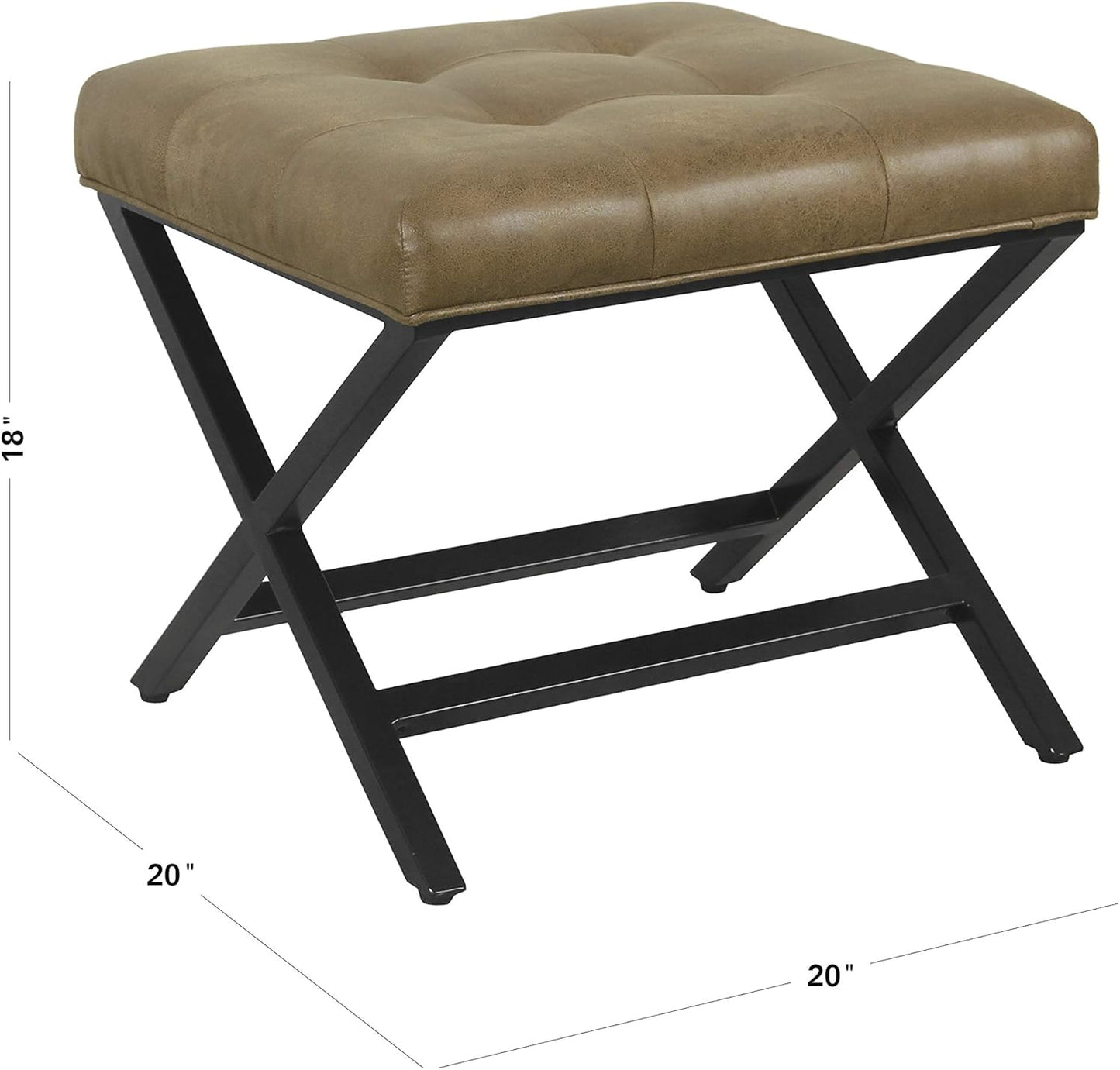 HomePop Home Decor | Modern Tufted Faux Leather Square Ottoman with Metal X Base | Ottoman for Living Room & Bedroom | Decorative Home Furniture, Light Brown Faux Leather
