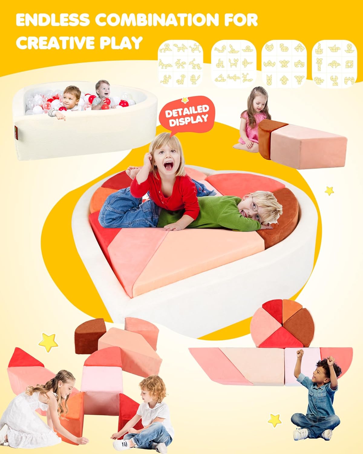 Kids Play Couch, 2-in-1 Heart-Shape Kids Plays Sofa with Unique Ball Pit(no Balls Included), Tangram Puzzle Play Couch for Playroom, Modular Play Sofa for Inspiring Creativity, Glow
