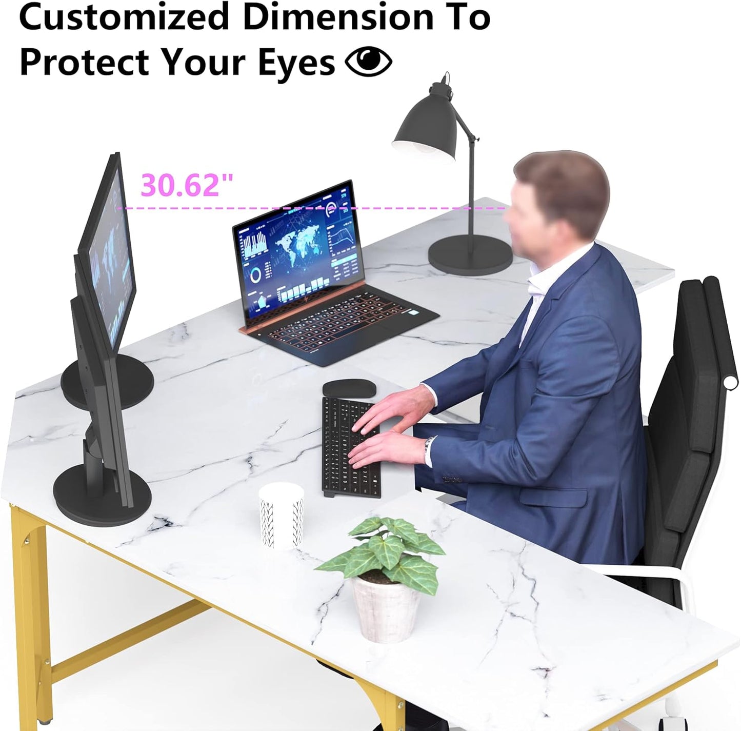 Teraves Modern L Shaped Desk with Shelves,64.84" Computer Desk/Gaming Desk for Home Office,Corner Desk with Large Desktop (White Marbling+ Gold Frame, Large+4 Tier Shelves)