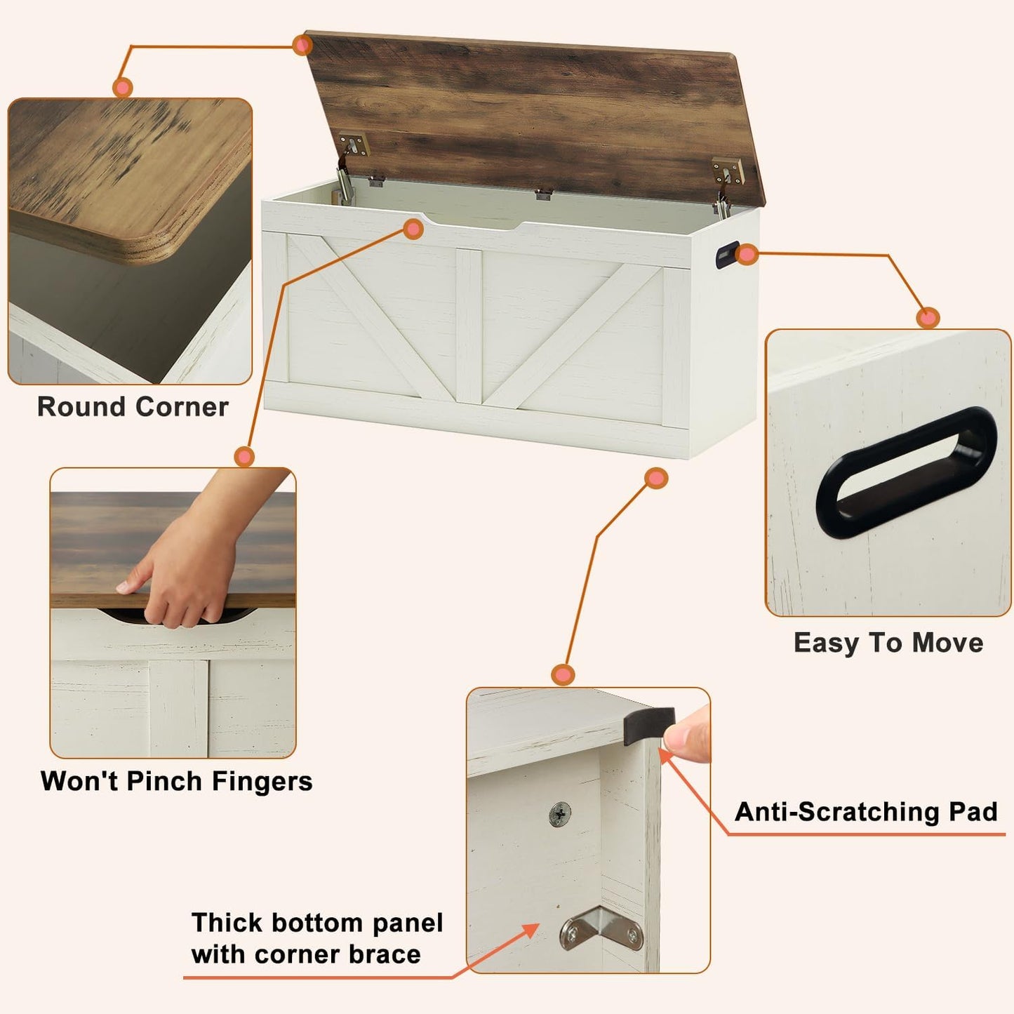 39.4" Storage Chest, Wooden Storage Bench, Large Storage Trunk with 2 Safety Hinges, Entryway Shoes Bench for Living Room, Bedroom, Brown and Rustic White