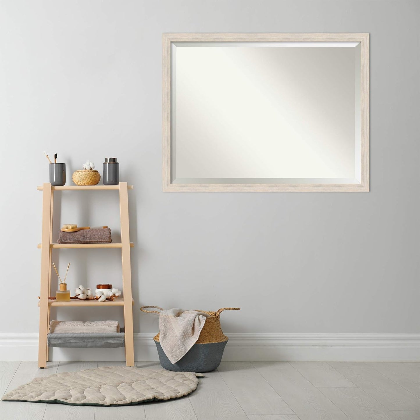 Amanti Art White Bathroom Mirror for Over Sink, 33x43 Hardwood White Wash Narrow Rectangle Vanity Mirror, X-Large Rustic Farmhouse Wood Frame, Hangs Horizonally and Vertically, Bathroom Wall Decor