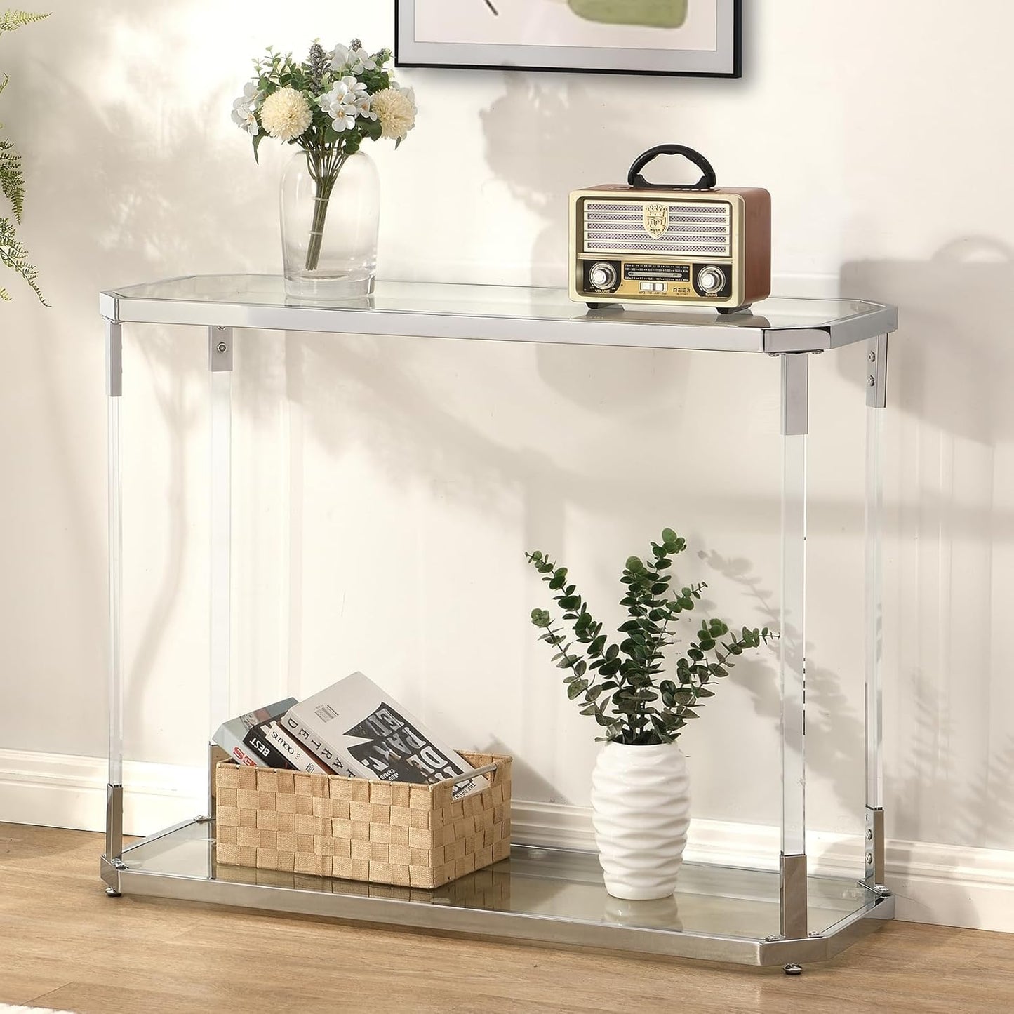 Glass Coffee Table, Clear Coffee Table with 2 Tiers, Acrylic Leg, Chrome Frame, Rectangular Center Table for Living Room (AST2017)