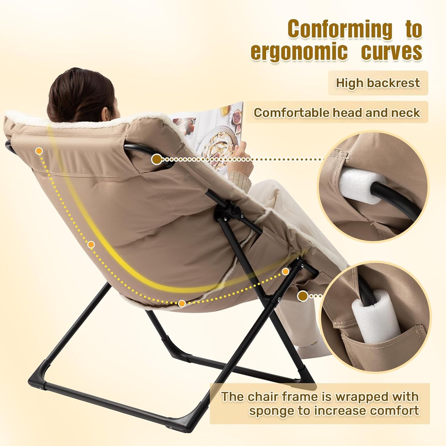 HollyHOME X-Large Saucer Chair, Comfy Oversized Folding Chair, Faux-Fur Reading Chair for Teens, Adults, Foldable Accent Lazy Chair, Metal Frame Lounge Chair for Living Room, Bedroom, Dorm, Beige