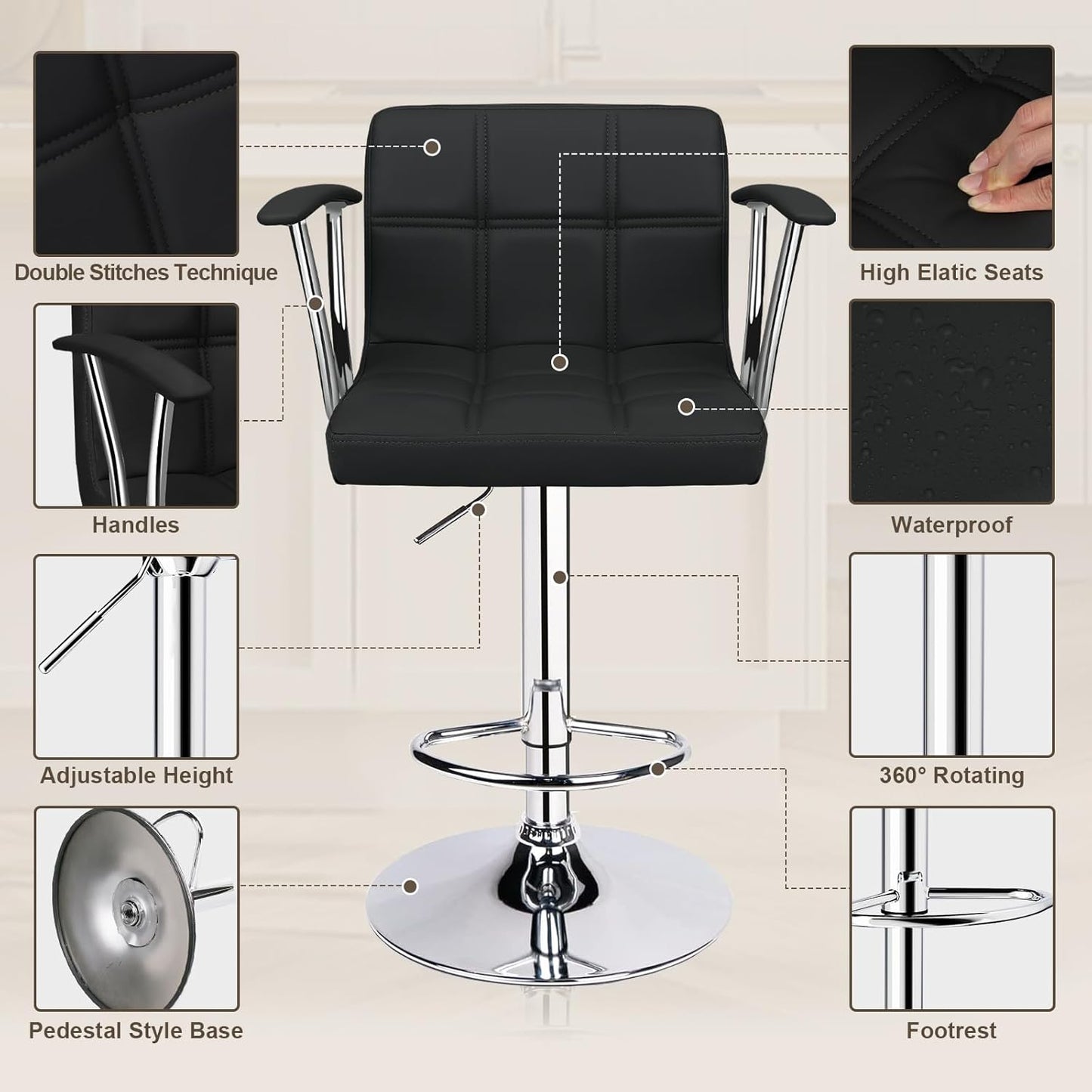 Bar Stools Set of 2,Armrest Adjustable Swivel Barstools with Back,Double Needle PU Leather Counter Height Bar Stools for Kitchen Island, Black