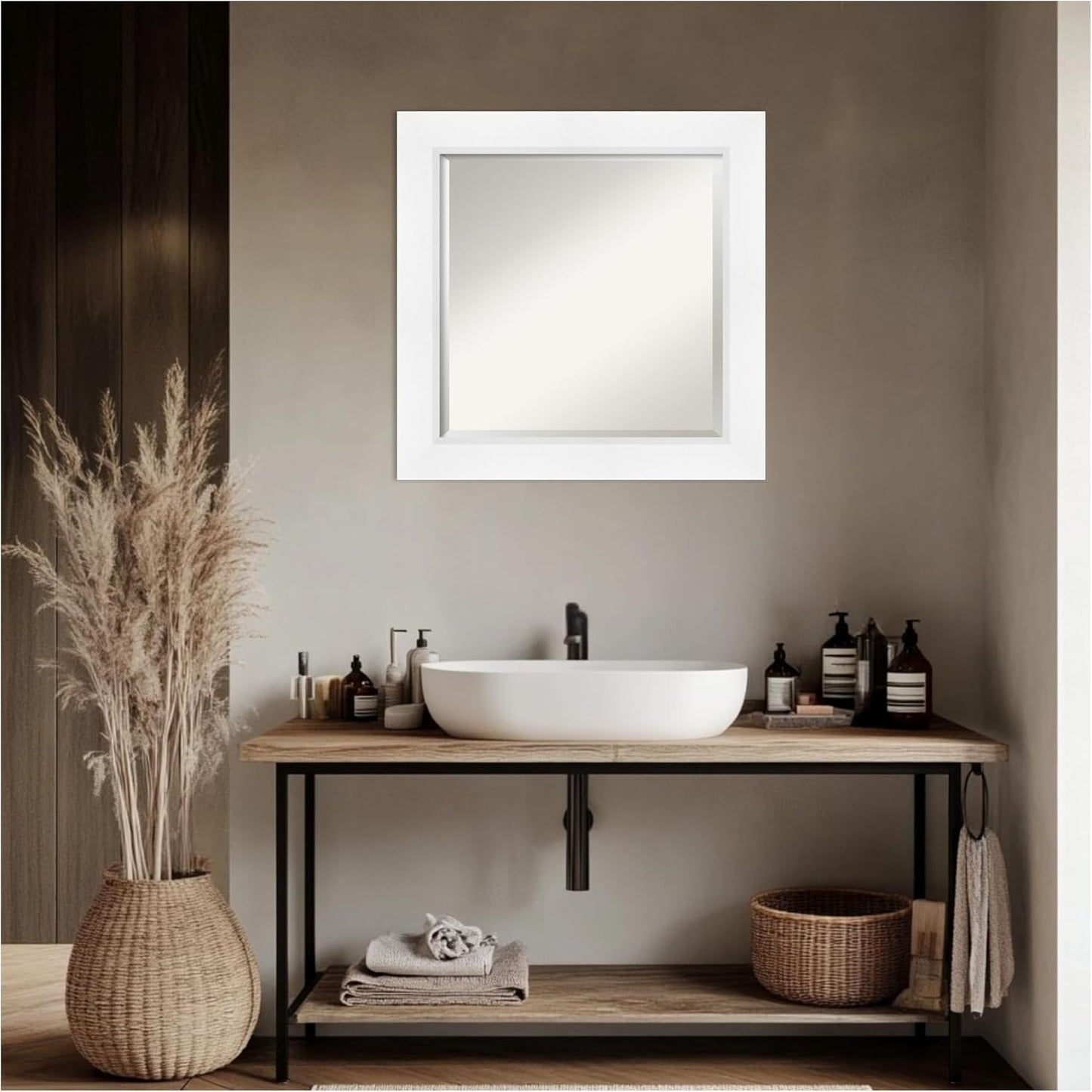Amanti Art White Bathroom Mirror for Over Sink, 26x26 Sloped White Square Vanity Mirror, Medium Modern Contemporary Frame, Hangs Horizonally and Vertically, Bathroom Wall Decor, Beveled Edge