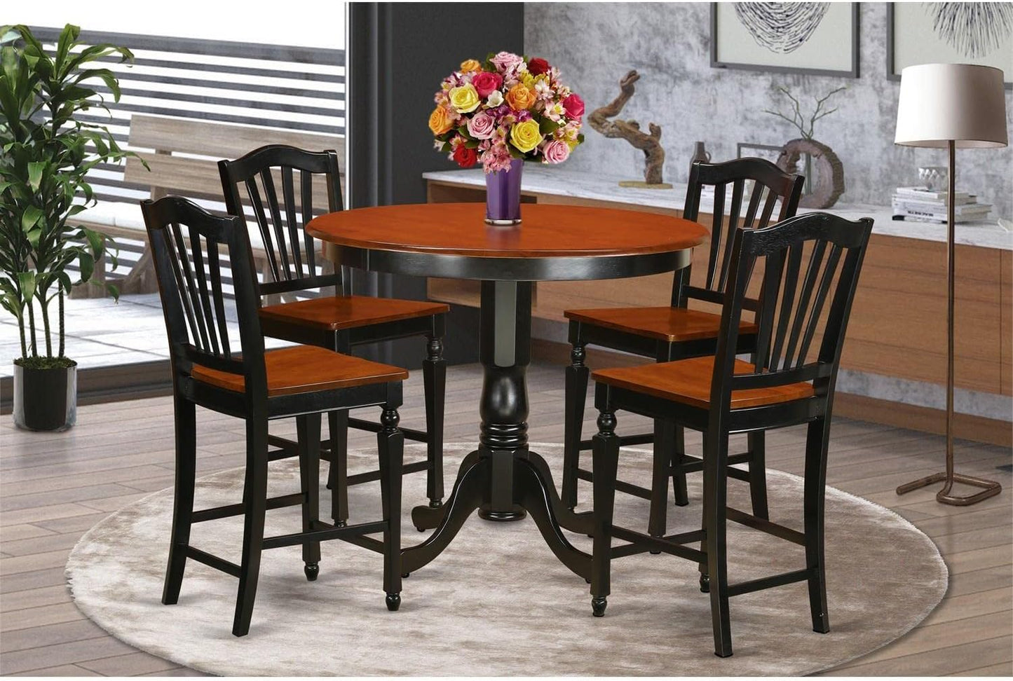 East West Furniture TRCH5-BLK-W 5 Piece Counter Height Pub Set Includes a Round Dining Table and 4 Kitchen Dining Chairs, 42x42 Inch, Black & Cherry