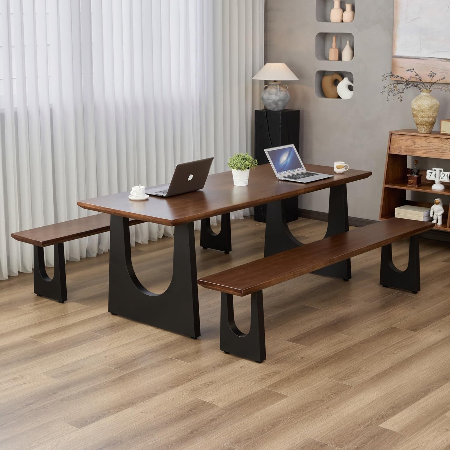 Walnut Color Long Bench Solid Wood Top Metal Legs U-Shaped Design Durable Sturdy Dining Bench Ideal for Office Home Restaurant Patio Multiple (Bench, 62.99in)