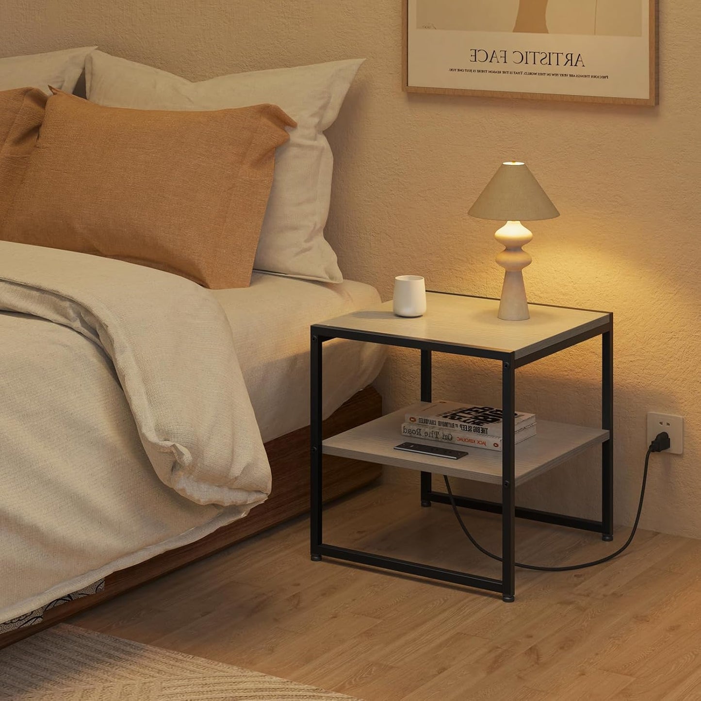 Tatub 20" End Table with Charging Station, Industrial Square Side Table with USB Ports & Outlets, Versatile 2-Tier Small Nightstand for Bedroom Living Room, White