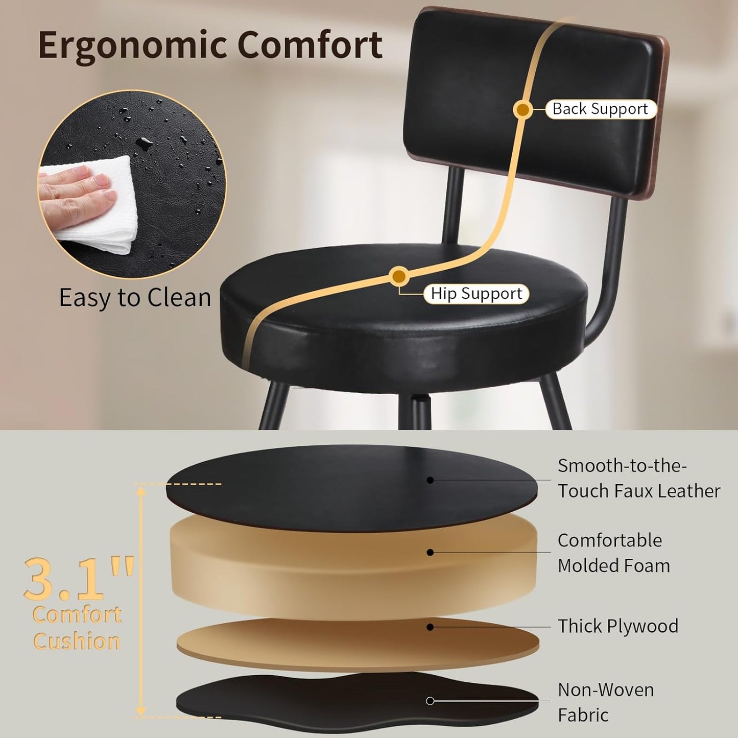 Bar Stools, 25 Inch Swivel Counter Height Bar Stools Set of 2, Black Faux Leather Swivel Bar Stool with Wood Back & Metal Legs for Kitchen Island Pub, Black