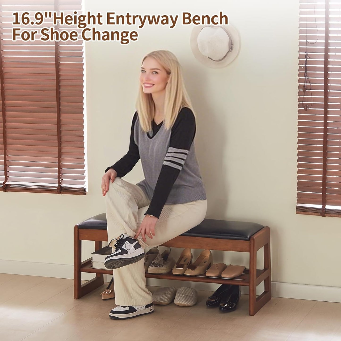 Shoe Rack Bench with Storage-Wood Shoe Bench for Entryway 40" 2 Tier Shoe Organizer with Cushion, PU Solid Wood LEDs Flip Top Entryway Shoe Organizer Space Saving Hallway