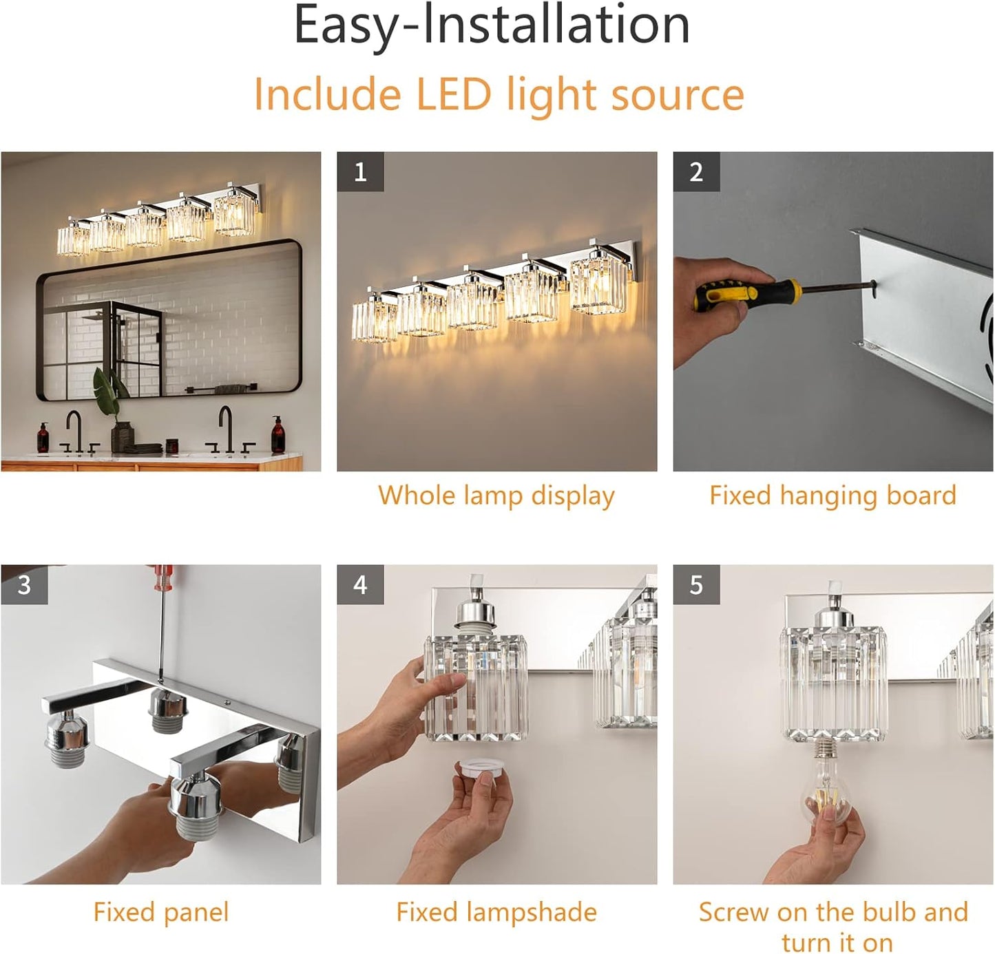 Modern Vanity Light 5-Lights Chrome Crystal Bathroom Wall Light Fixtures