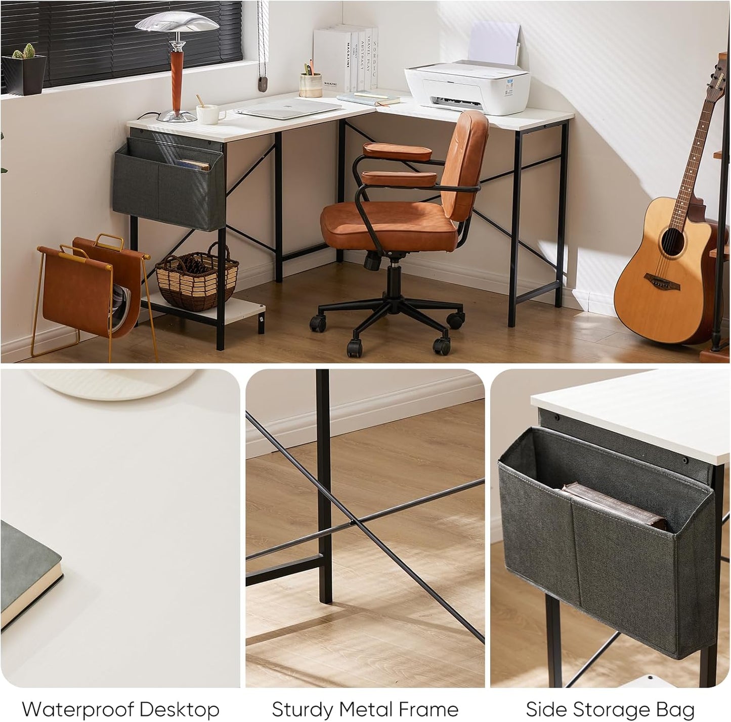 Sweetcrispy L Shaped Computer Desk - Gaming Corner 50 Inch PC White Writing Study Student Table with Wooden Desktop CPU Stand Side Bag Reversible for Home Office Room Small Space, White