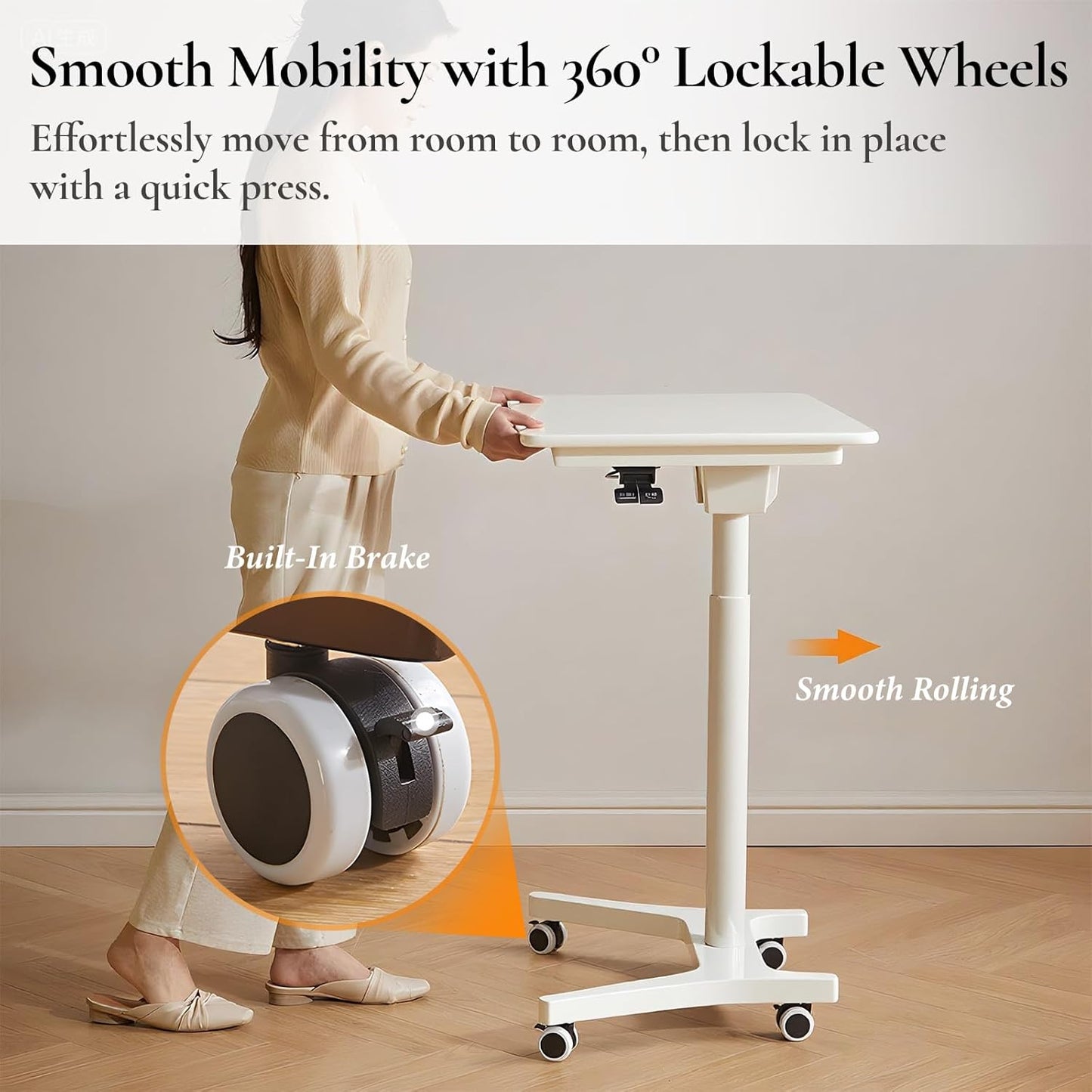 Adjustable Computer Desk, Solid Wood Folding Desk with Wheels, Mobile Home Office Laptop Table, Sit Stand Workstation, Rolling Desk, 28.35-42.52 H x 31.5 W x 19.69 D Inches,White