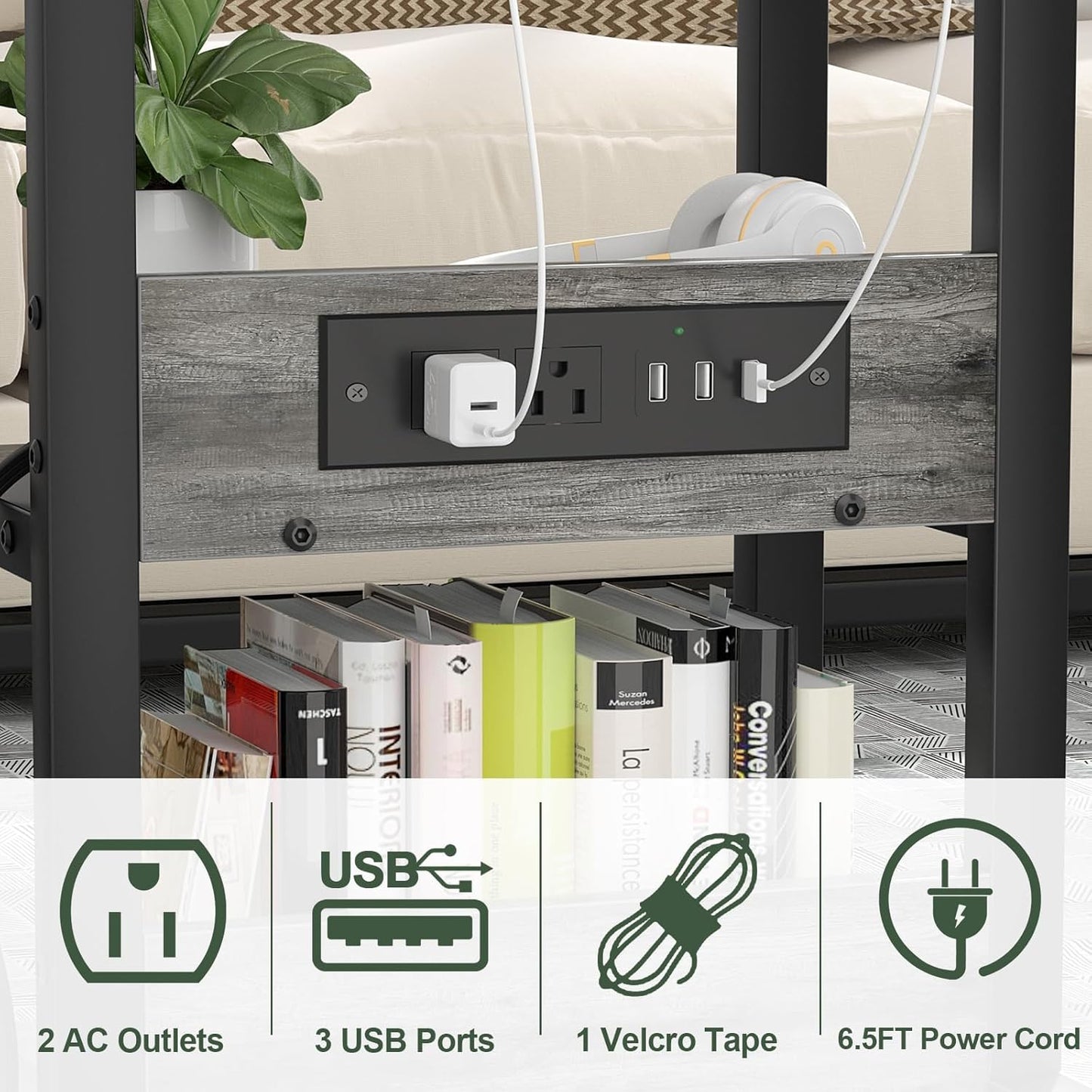 C Shaped End Table Height Adjustable - Couch Side Table with Charging Station, TV Tray with Wheels Slide Under Sofa for Wall Shelf with Hooks for Bedroom, Bathroom, Living Room, Grey