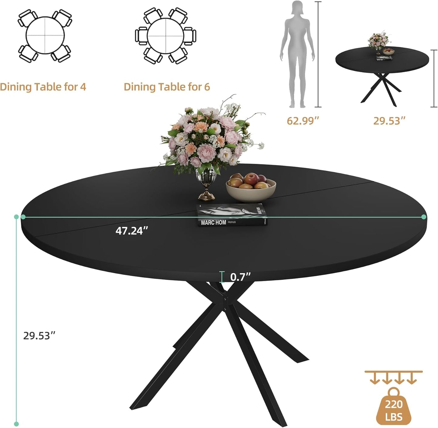 47.24" Round Dining Table, Modern Dining Room Table for 4-6 Person, Wood Round Kitchen Table with Metal Legs, Round Coffee Table for Home Dining Room Living Room (Black)