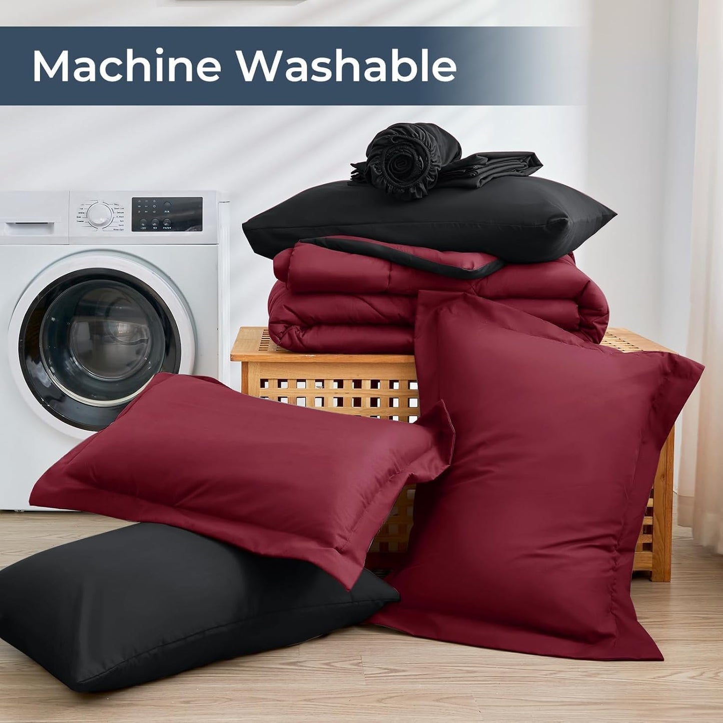 HEVUMYI Red & Black King Comforter Set - 7-Piece All Season Bed in a Bag King, Ultra Soft Burgundy Bedding Set with Comforter, Flat Sheet, Fitted Sheet, Pillowcases, Pillow Shams, Burgundy Red & Black