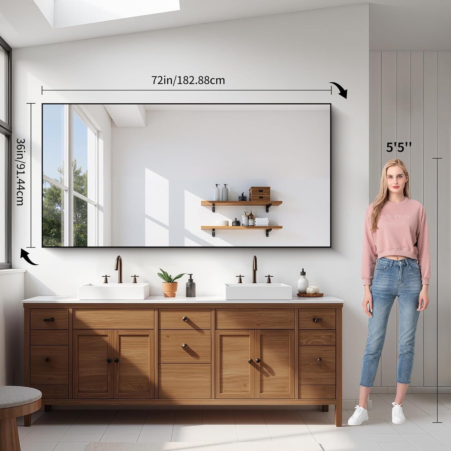 YIROMAN Bathroom Mirror 72"x36", Large Brushed Gold Bathroom Mirror for Over Sink with Aluminum Frame, Rectangular Vanity Mirror with Right Angle, Wall Mirror Hangs Horizontal or Vertical