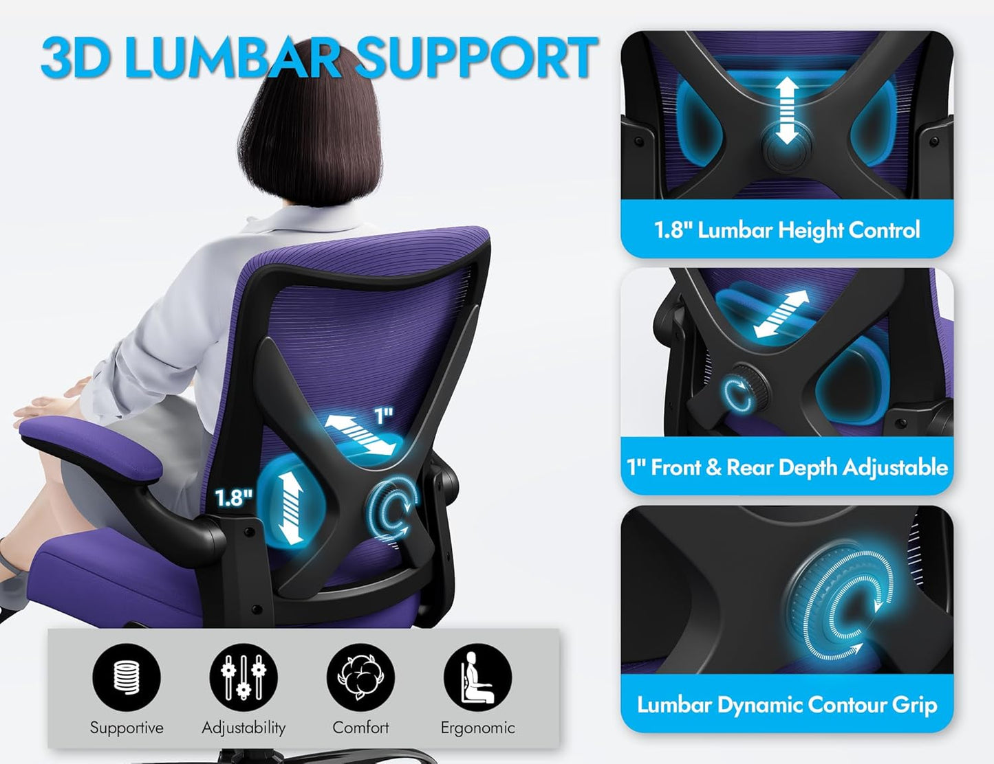 Ergonomic Office Chair - X-Shaped Computer Desk Chair Comfy, Gaming Chair, Office Chair with Lumbar Support, Mesh Office Chairs, Desk Chair for Long Hours(Black Purple)