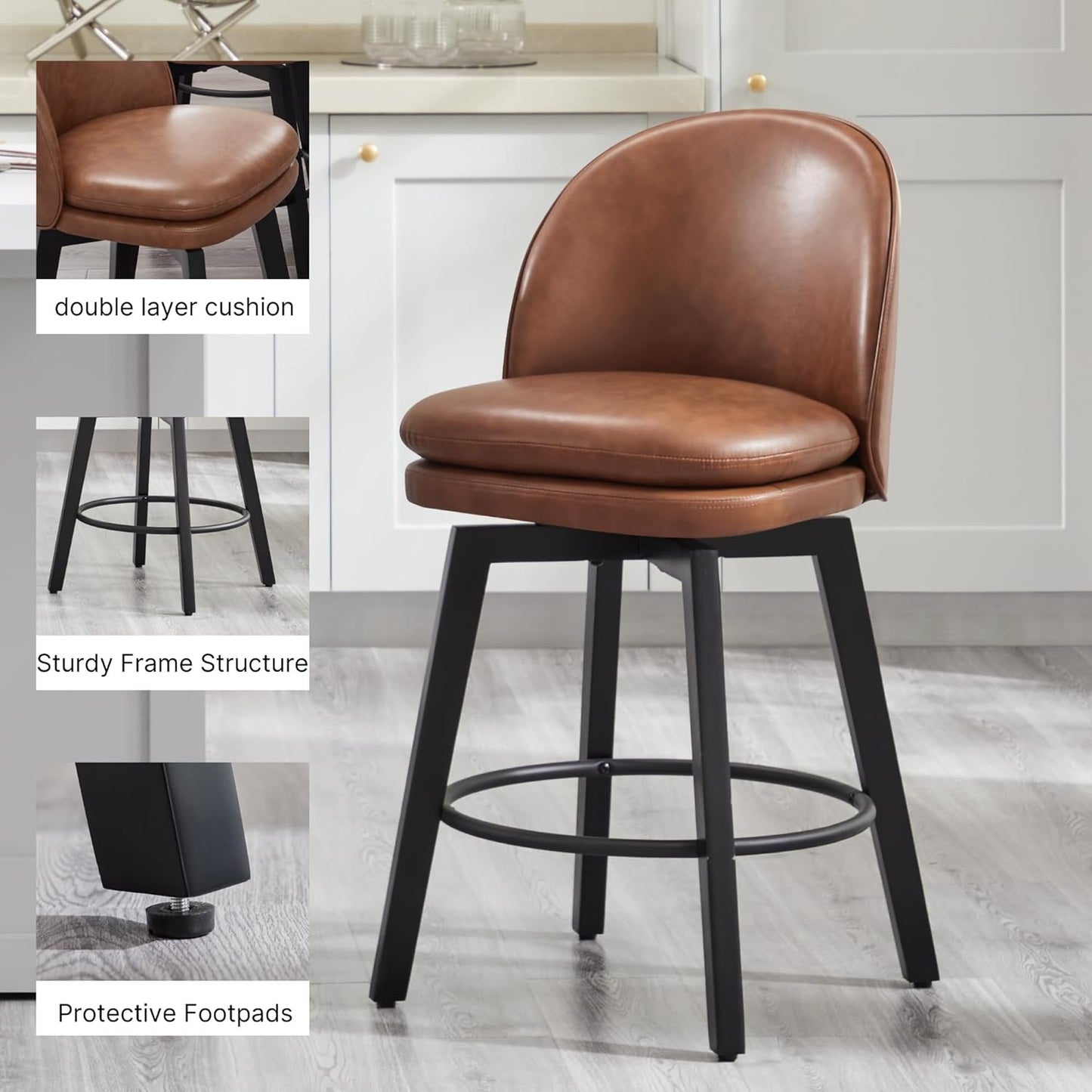 Counter Height Barstools 26 inch Upholstered Swivel Bar Stools with Back and Wood Legs for Kitchen Island,Set of 3,Brown PU Leather-Armless