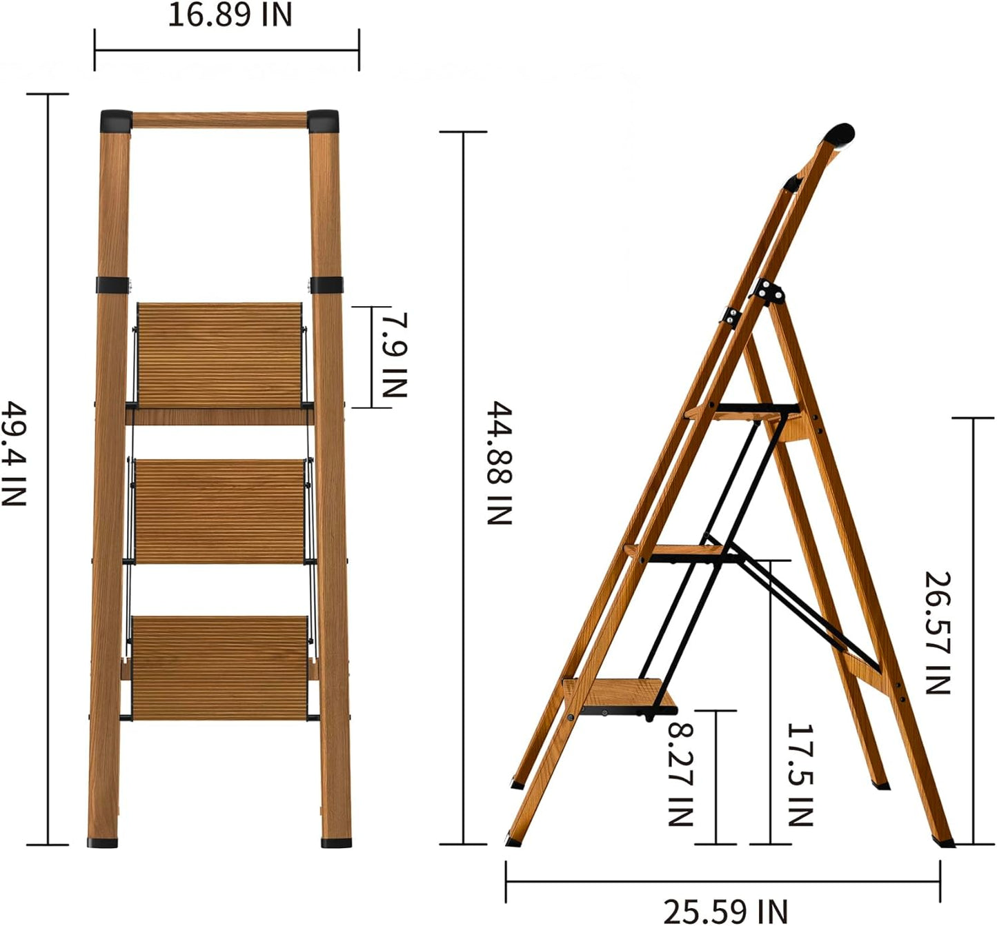 3 Step Ladder,Folding Step Stool with Aluminum Wide Pedal& Convenient Handgrip,330lbs Capacity Steel Ladder for Household and Office(Woodgrain)