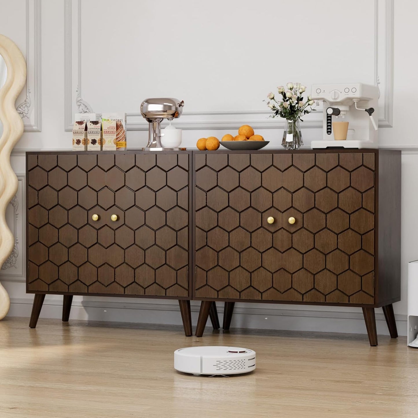 COSIEST 32" Storage Sideboard with Doors, Adjustable Shelf, Decorative Modern Accent Furniture for Living Room, Entryway, Kitchen (Brown, Honeycomb Pattern)