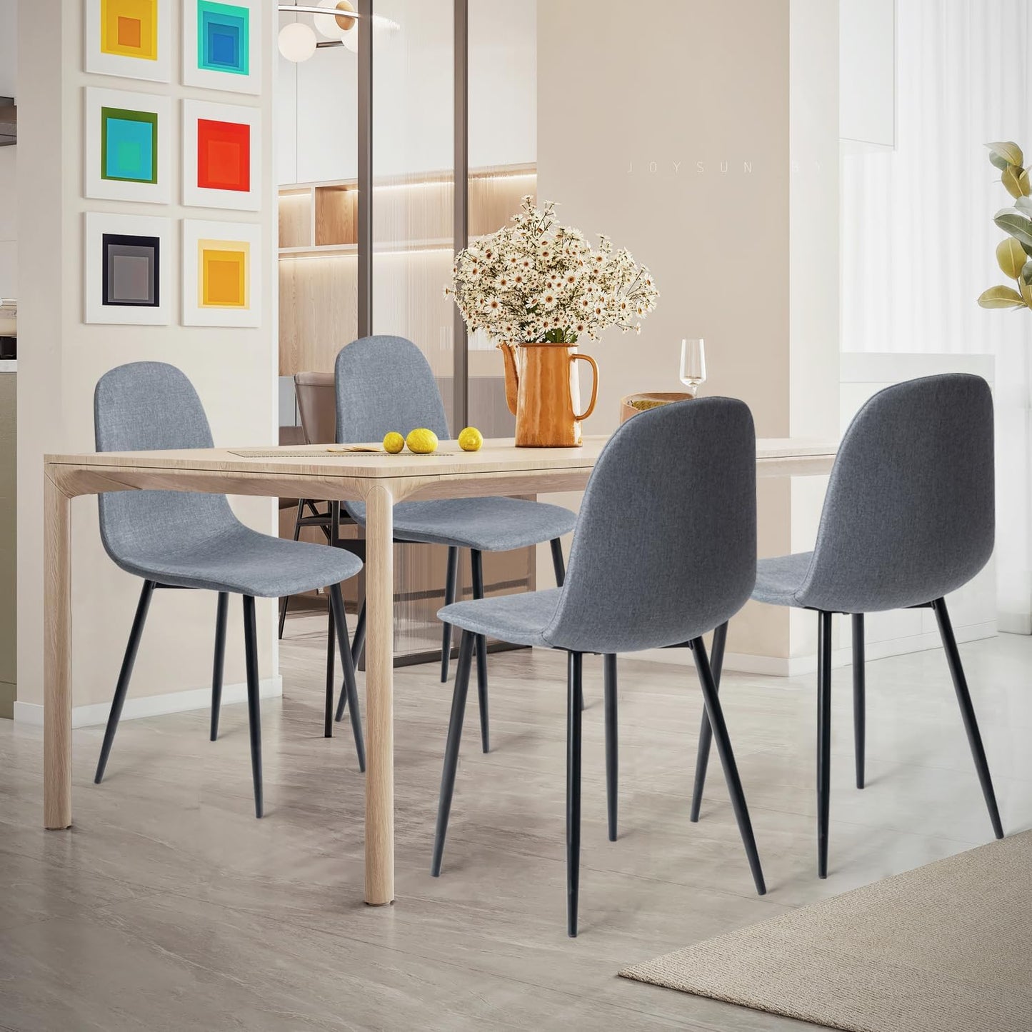 FurnitureR Dining Chairs Set of 4, Fabric Comfy Seat Armless Side Chairs with Metal Legs for Home Kitchen Dining Room Reception Room, Slubbed Grey