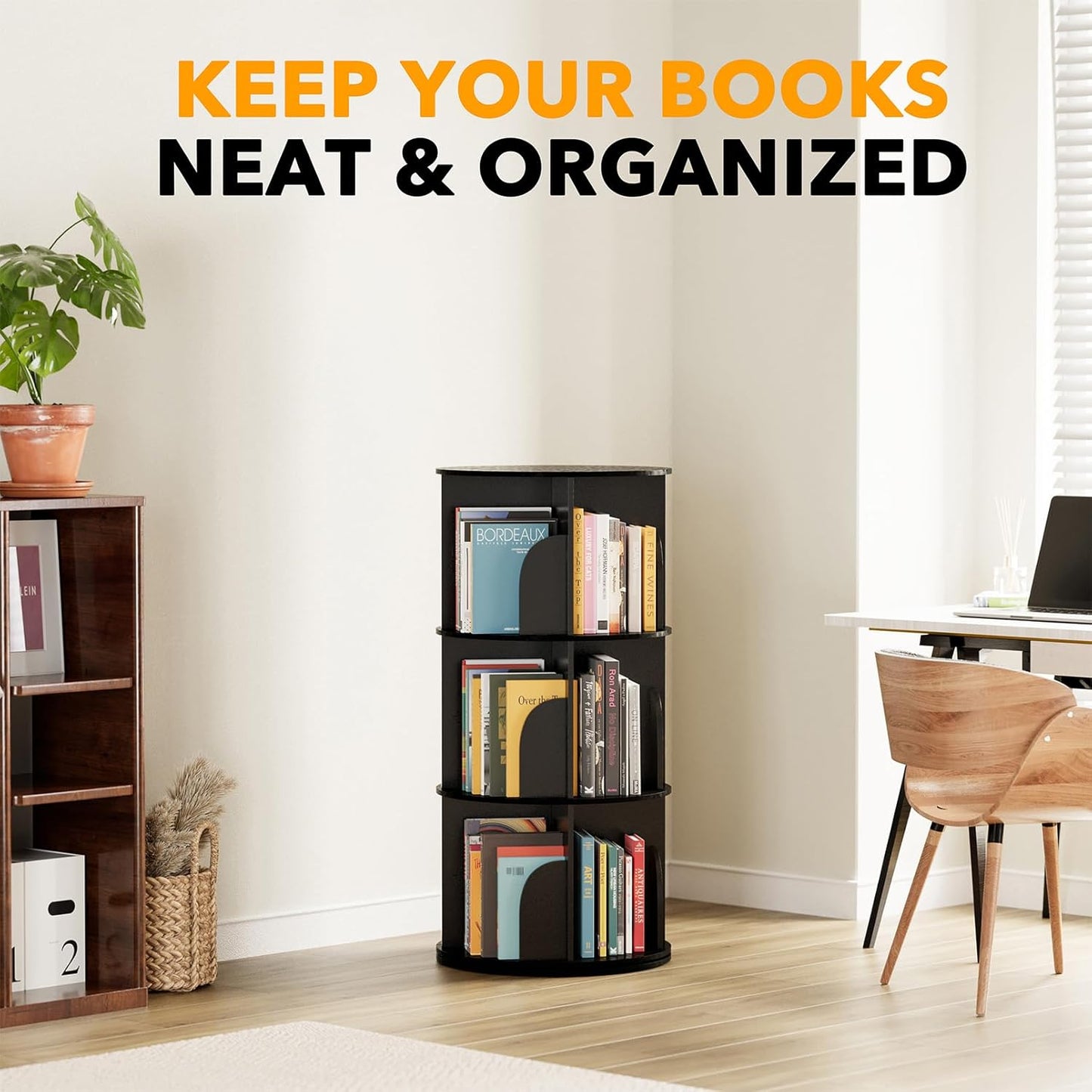 SpaceAid 3 Tier Rotating Bookshelf Tower, Spinning Bookcase Lazy Susan, Revolving 360 Book Shelf Storage Round Carousel, Vertical Rotate Turning Spiral Corner Organizer, Black