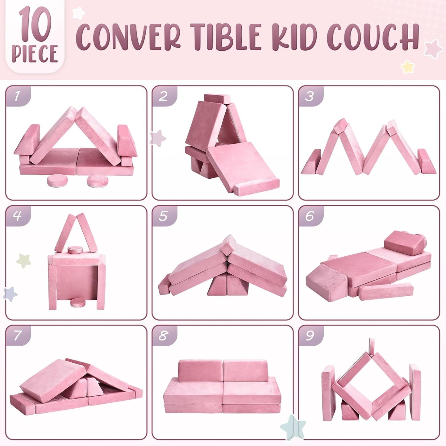 10Pcs Kids Play Couch,Toddler Sofa,Modular Kids Couch for Playing, Creativing, Sleeping (Pink)