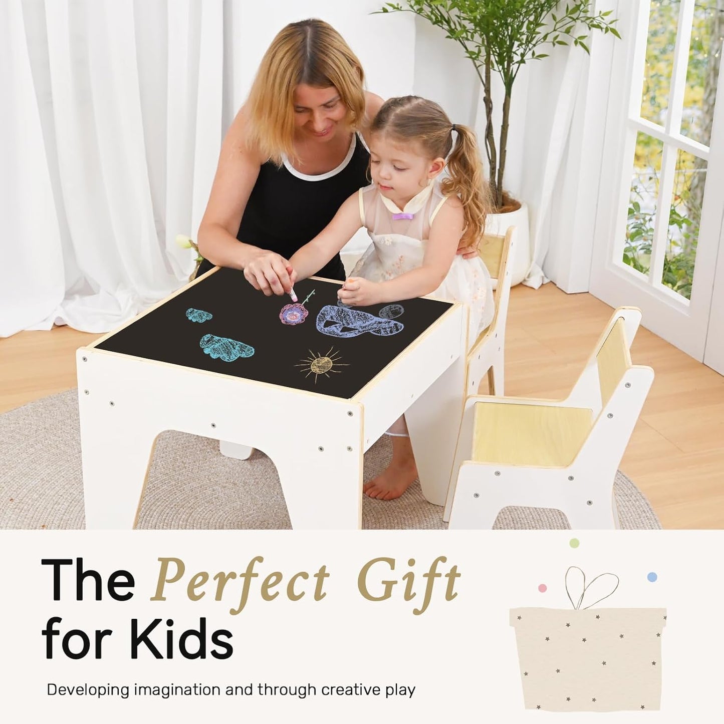 wingyz 4-in-1 Toddler Table and Chairs Set, Kids Play Tables with Storage, Wooden Sensory Tables with Dual-Sided Blocking Baseplate, Baby Activity Table with Chalkboard