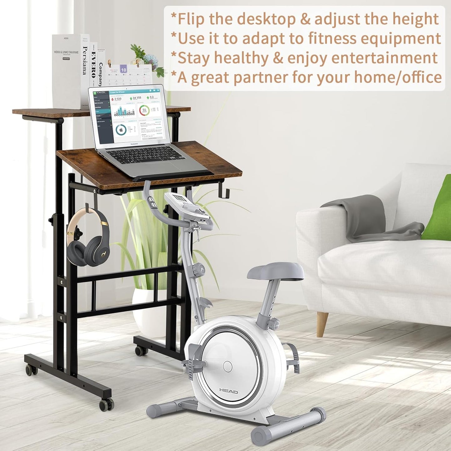 SIDUCAL Mobile Standing Desk, Portable Stand Up Desk, Small Adjustable Converter with Wheels Home Office Workstation, Rolling Laptop Cart for Sitting, Rustic Brown