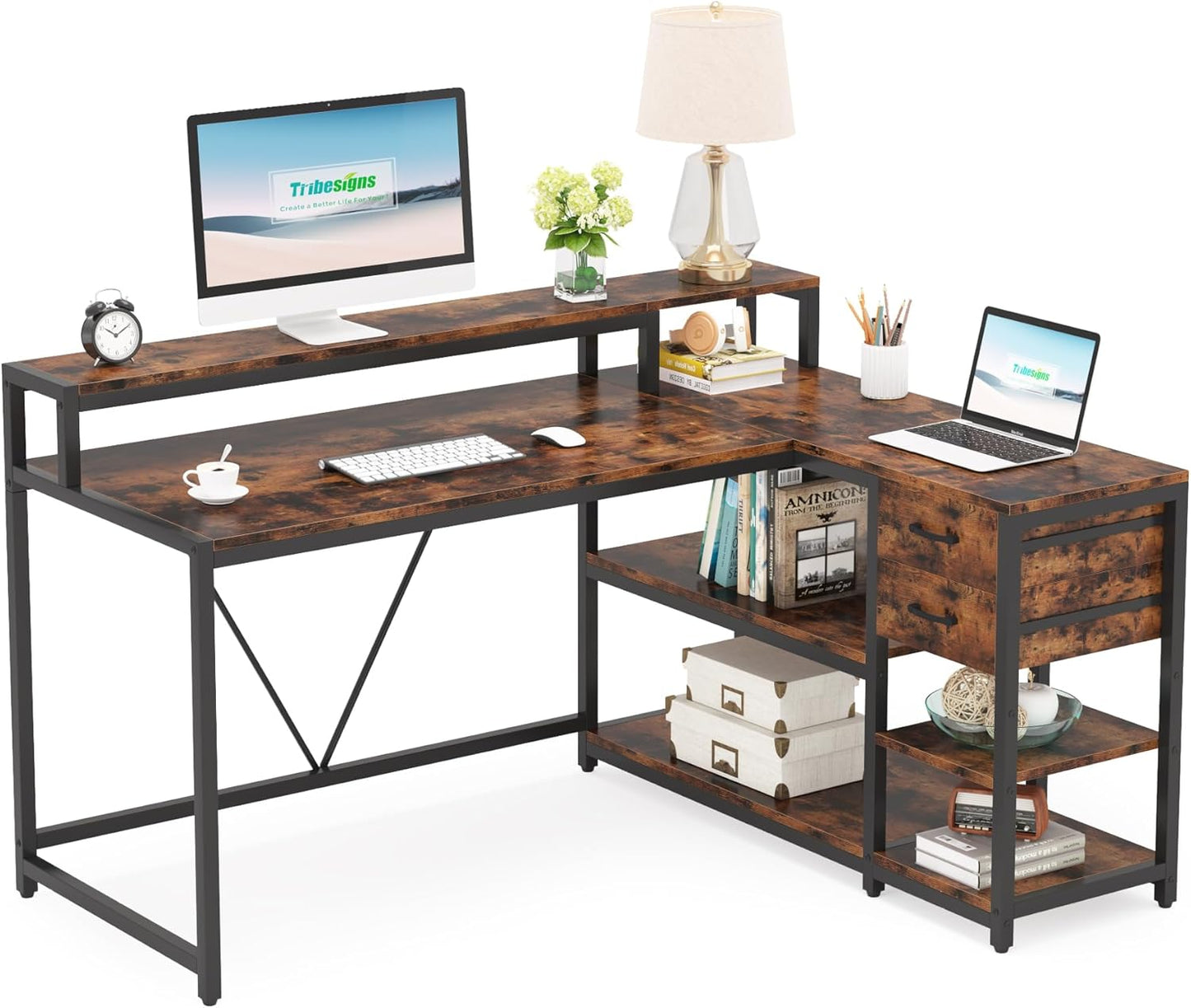 Tribesigns Reversible L Shaped Desk with Drawer, Brown Corner Desk with Storage Shelves and Monitor Stand, Writing Table for for Small Space (Rustic)