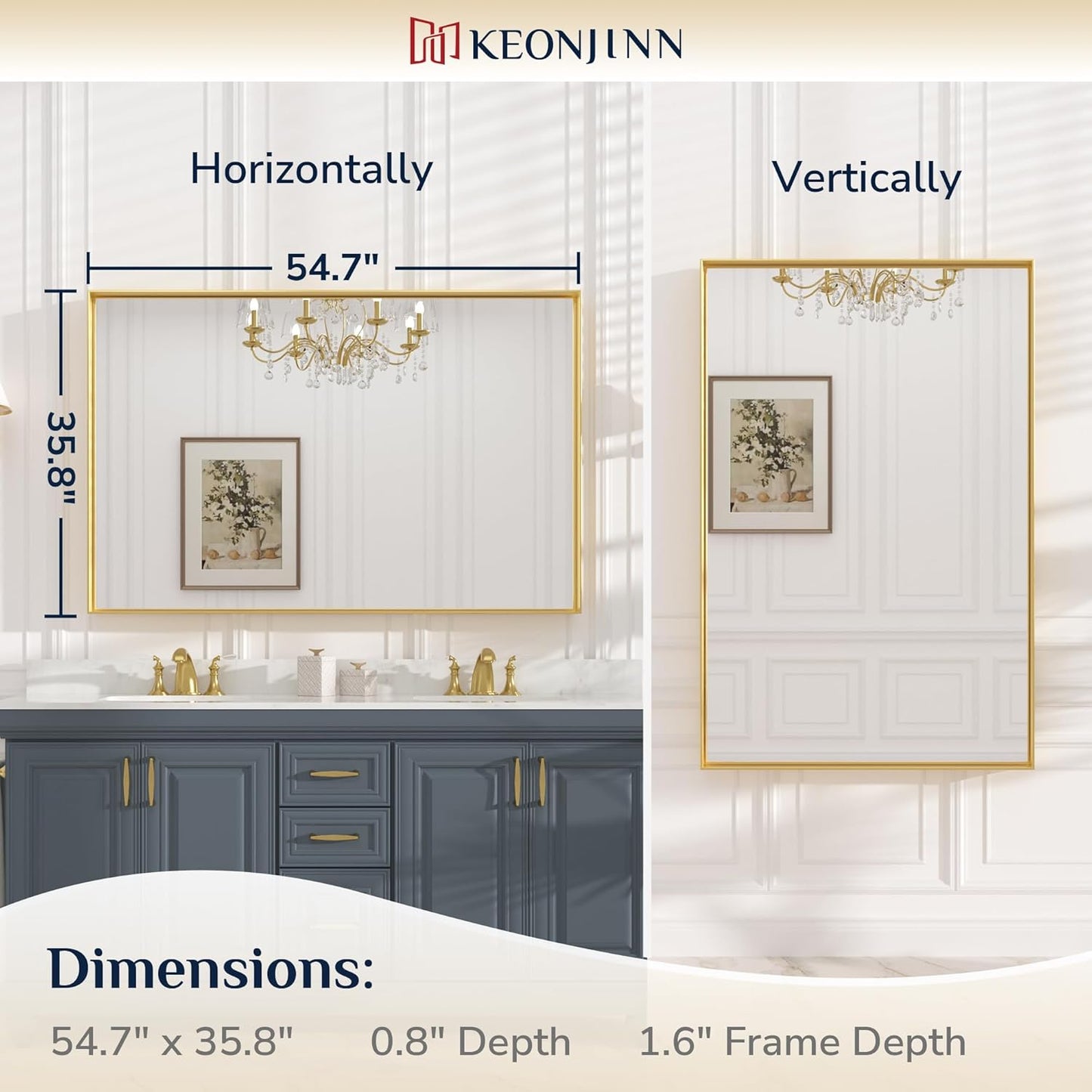 Keonjinn Brushed Gold Bathroom Mirror 55 x 36 Inch, Large Gold Vanity Mirror for Wall, Metal Frame,Rectangle Square Corner, Oversized, Modern Farmhouse(Horizontal/Vertical)