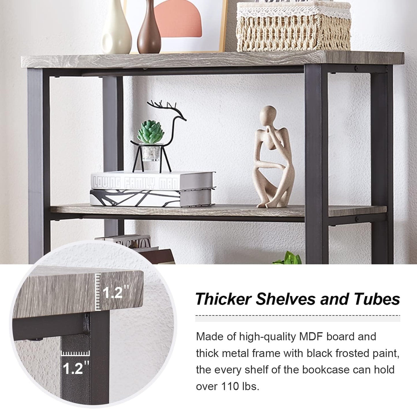 HOMBAZAAR 4 Tier Bookshelf,Grey Industrial Book Shelf,Engineered Wood and Metal Deep Bookcases,Low Shelf Bookcase for Living Room,Office,Bedroom and Kitchen