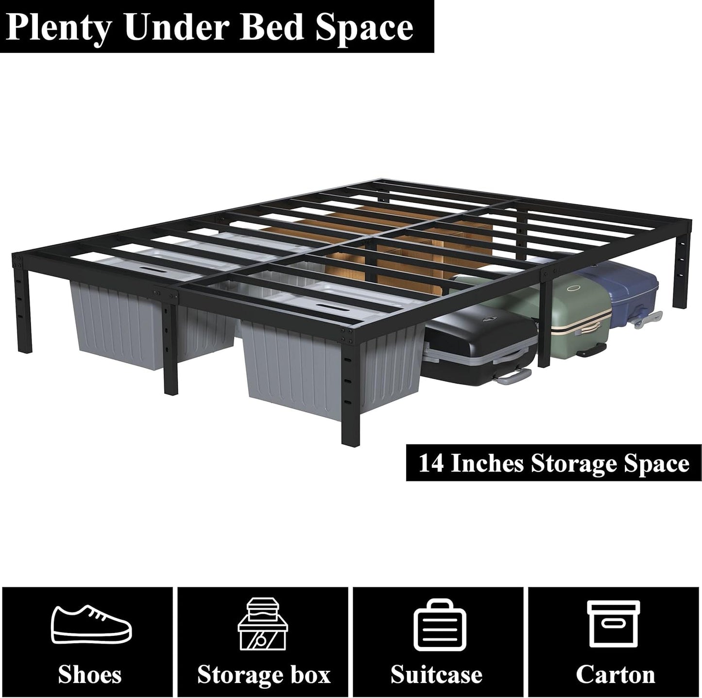 16 Inch Queen Bed Frame No Box Spring Required, Metal Platform Queen Size Bed Frames with 14 Inch Storage, 3,500 lbs Heavy Duty Steel Slats Support, Easy Assembly Mattress Foundation