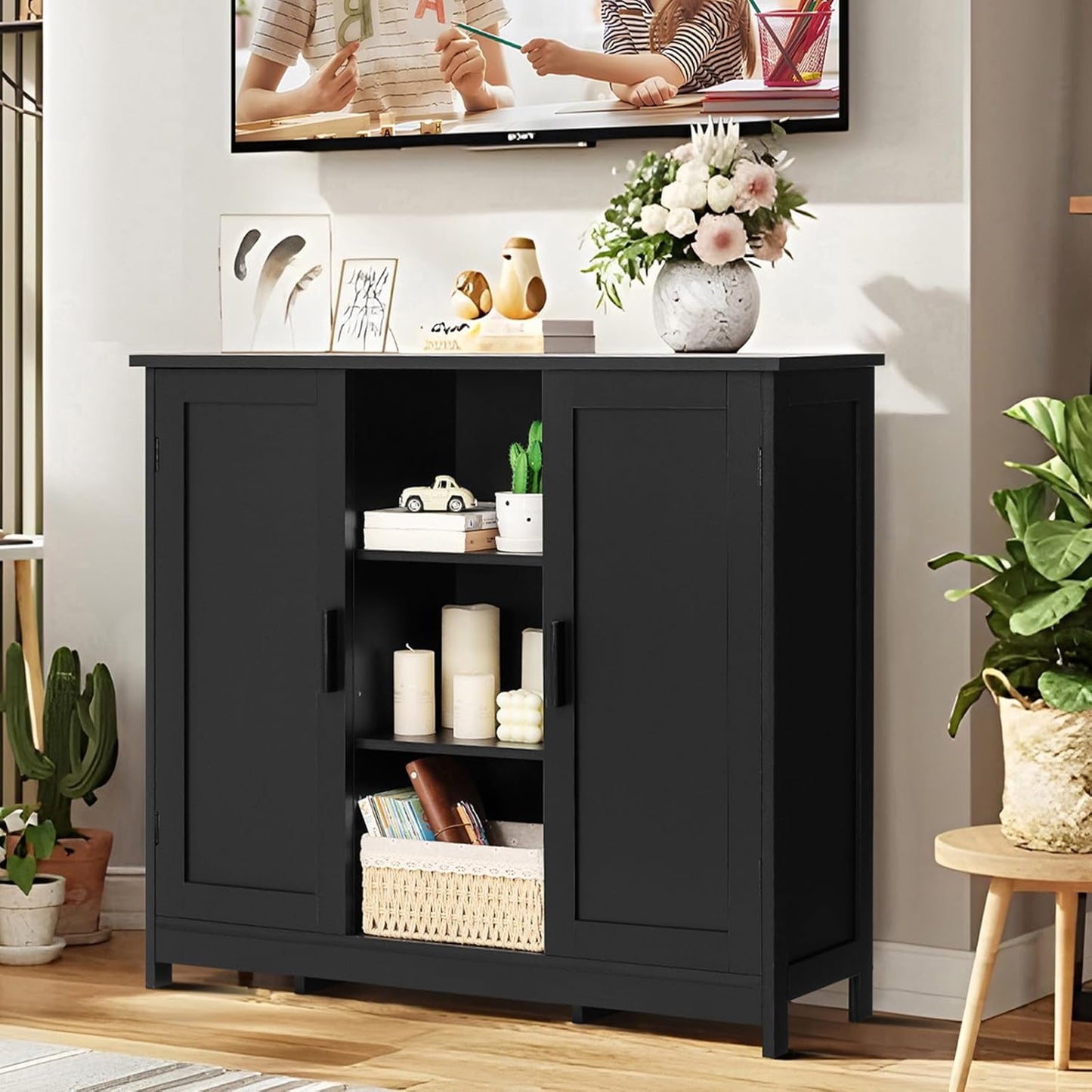 Iwell Storage Cabinet with 2 Doors and 4 Storage Shelves, Bathroom Cabinet, Cupboard for Living Room, Home Office, Entryway, Black
