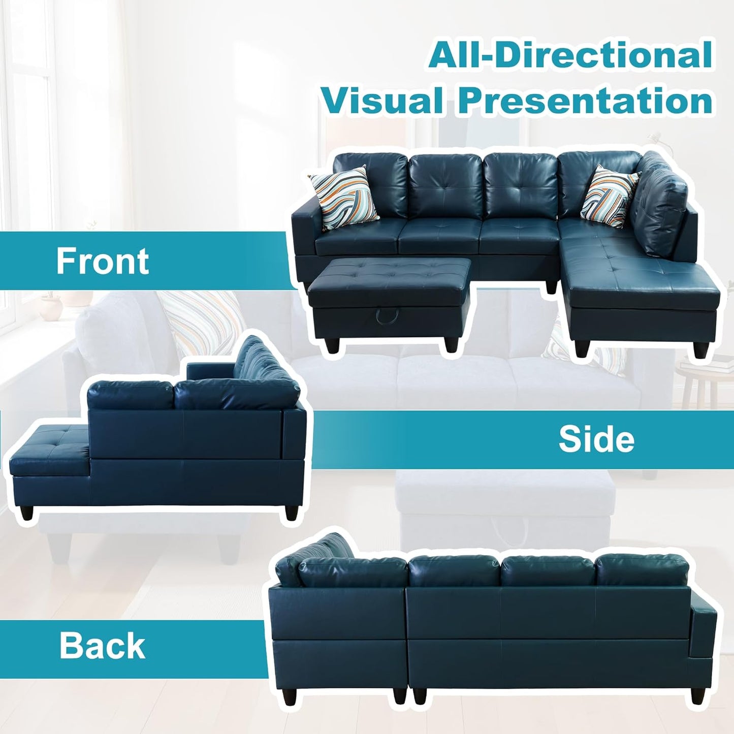 Couches for Living Room PU Leather L Shaped Couch Comfy 3 Pieces Sectional Sofa with Chaise, Ottoman with Storage for Office and Small Apartment, Peacock Blue