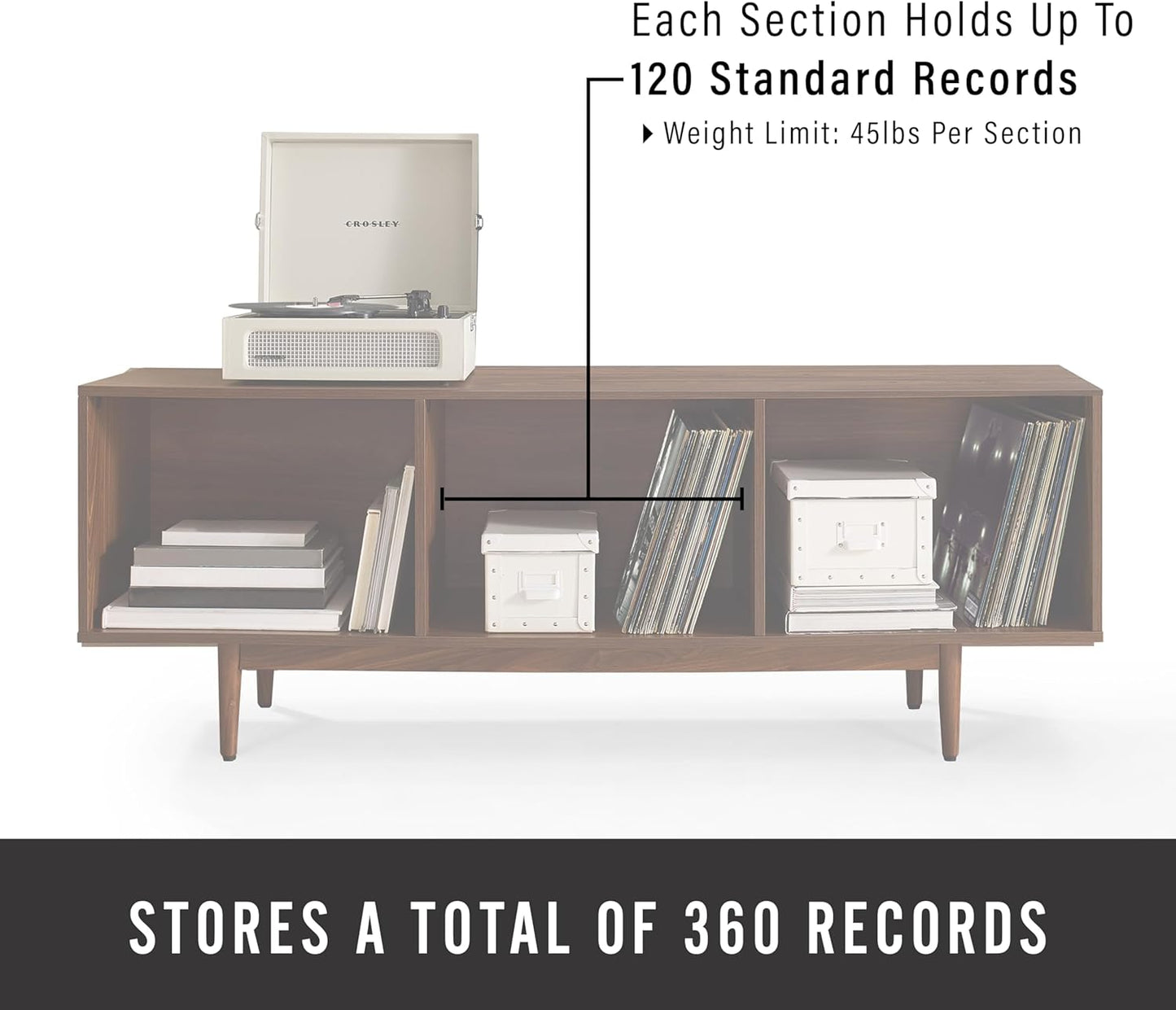 Crosley Furniture Liam Large Vinyl Record Storage TV Stand and Entertainment Center, Media Console, Walnut