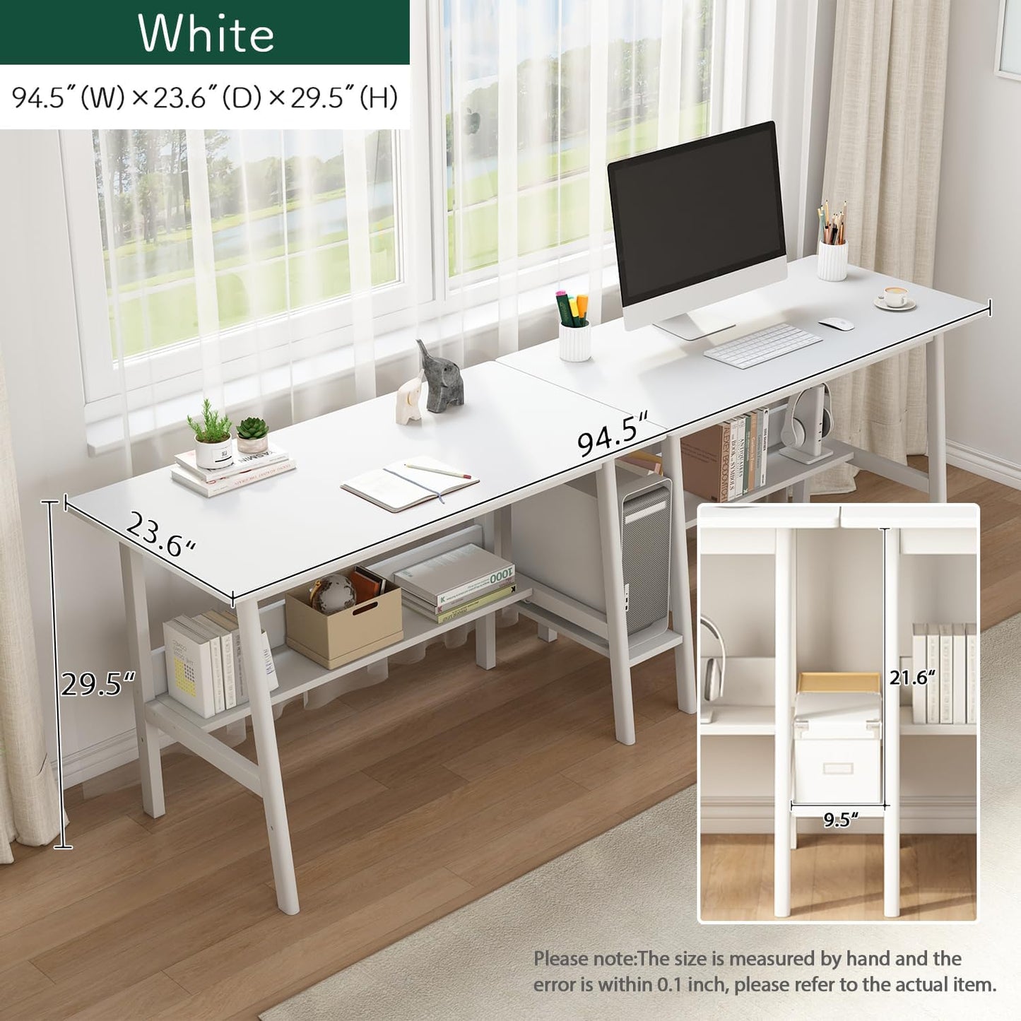 2-Person Writing Desk with Bookshelf - 94" Wooden Extra Long Home Office Work Table, Double Study Computer Workstation with Storage Shelves in White, 94" W x 24" D