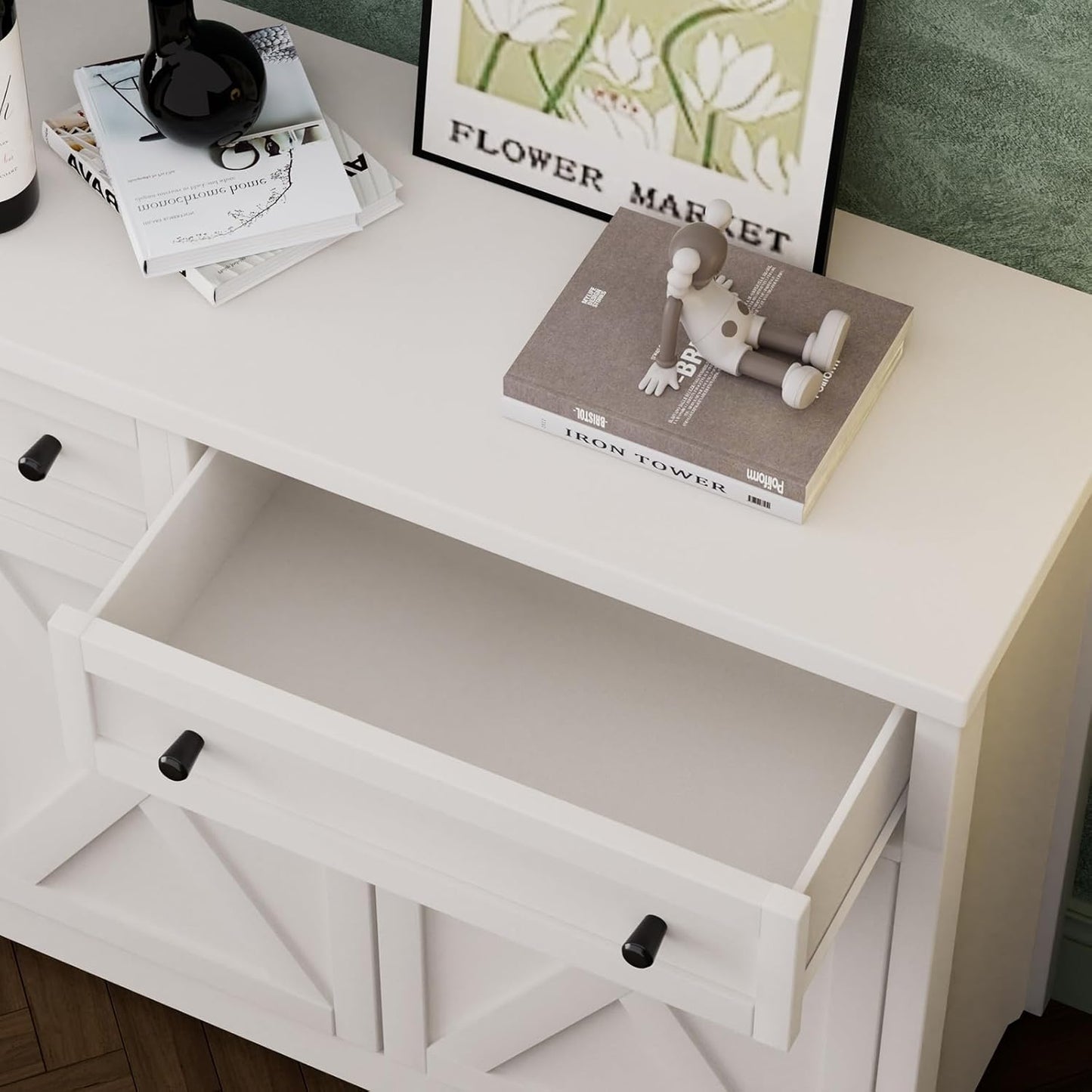 66'' Farmhouse Sideboard Buffet Cabinet with Storage, Large Kitchen Storage Cabinet with Barn Doors Drawers, White Coffee Bar Table for Dining Room Kitchen