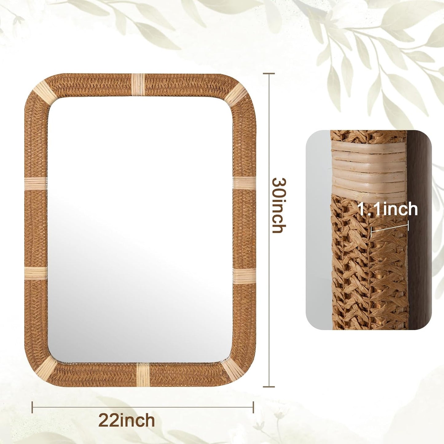 ULIKE Rectangle Rattan Wall Mirror, 22x30 Inch Rustic Farmhouse Wall Decor with Wicker Frame, Boho Mirror for Nursery Bathroom Bedroom Living Room Entryway